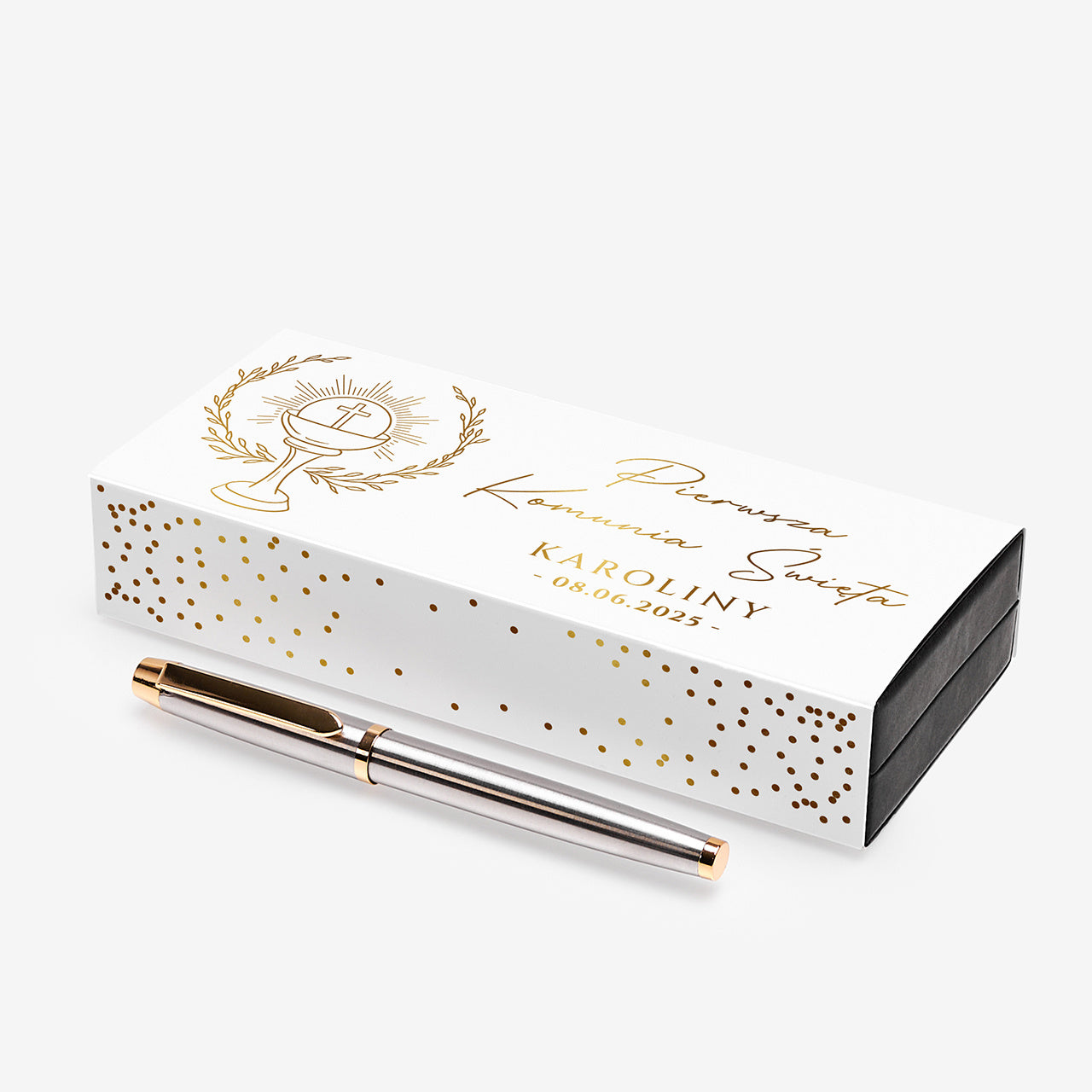 Eleganckie pióro w personalizowanym opakowaniu - Pamiątka I Komunii Świętej prezent komunijny pióro wieczne