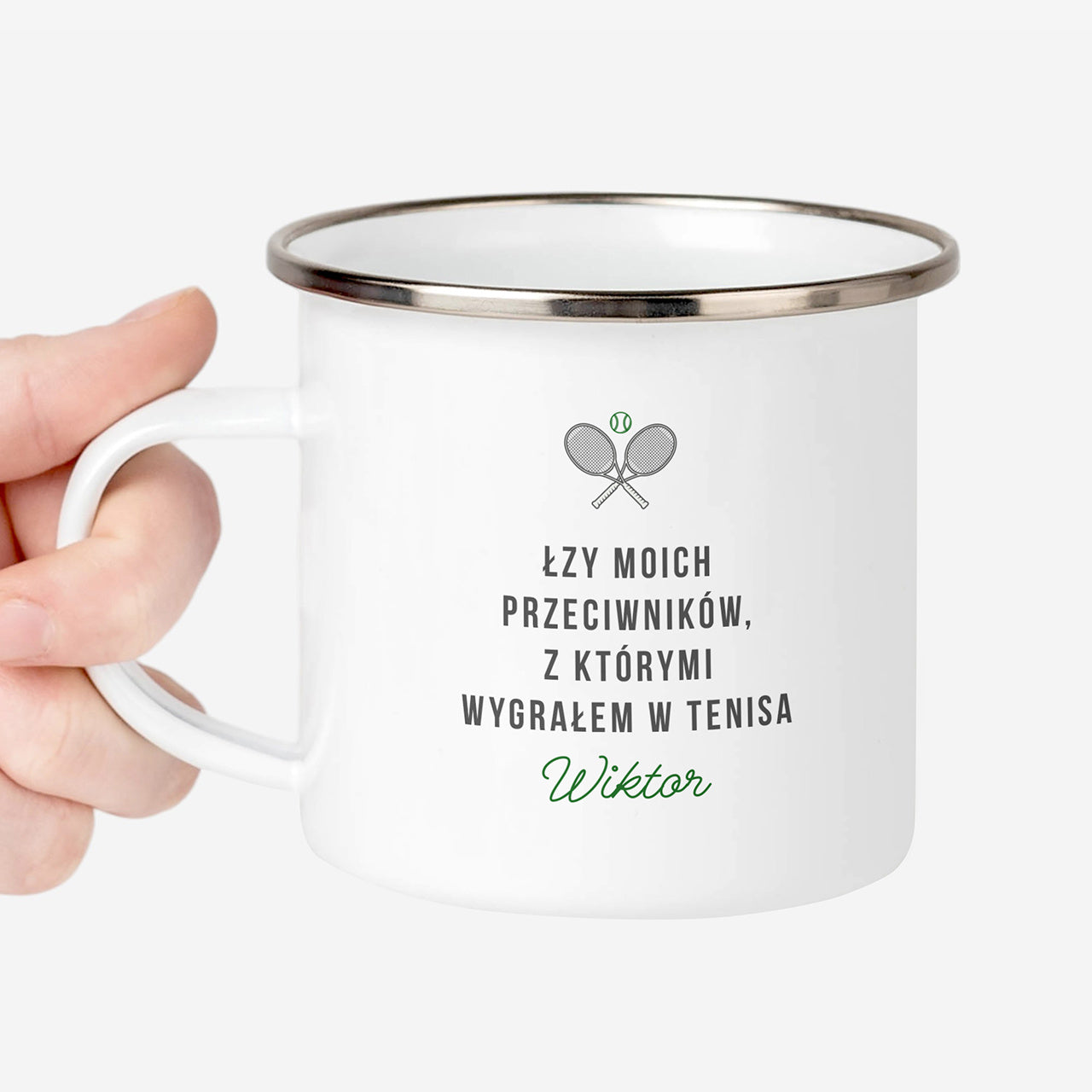 Kubek emaliowany dla tenisisty - łzy przeciwników kubek personalizowany dla sportowca