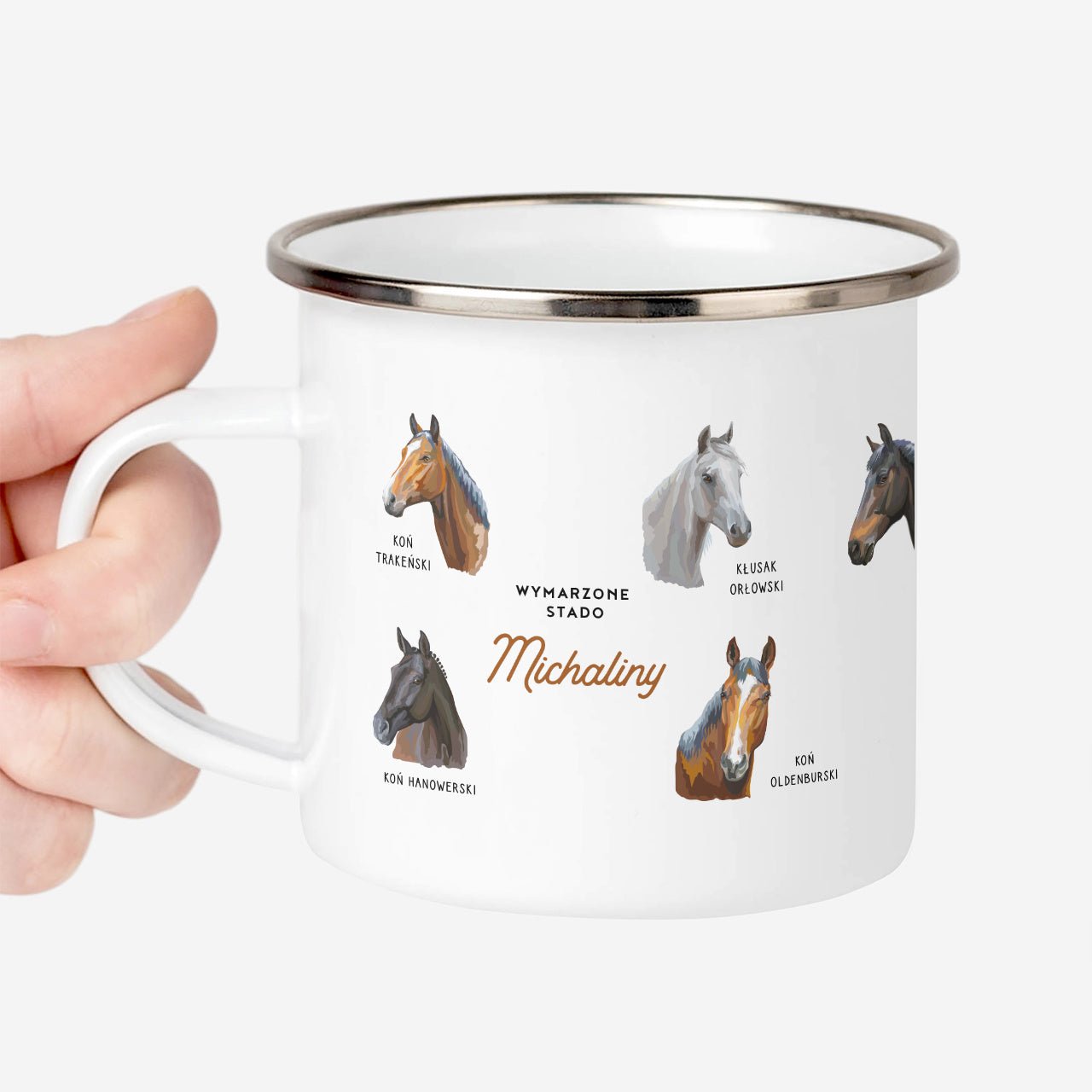 Personalizowany kubek z końmi - prezent dla amazonki kubek emaliowany prezent dla koniary