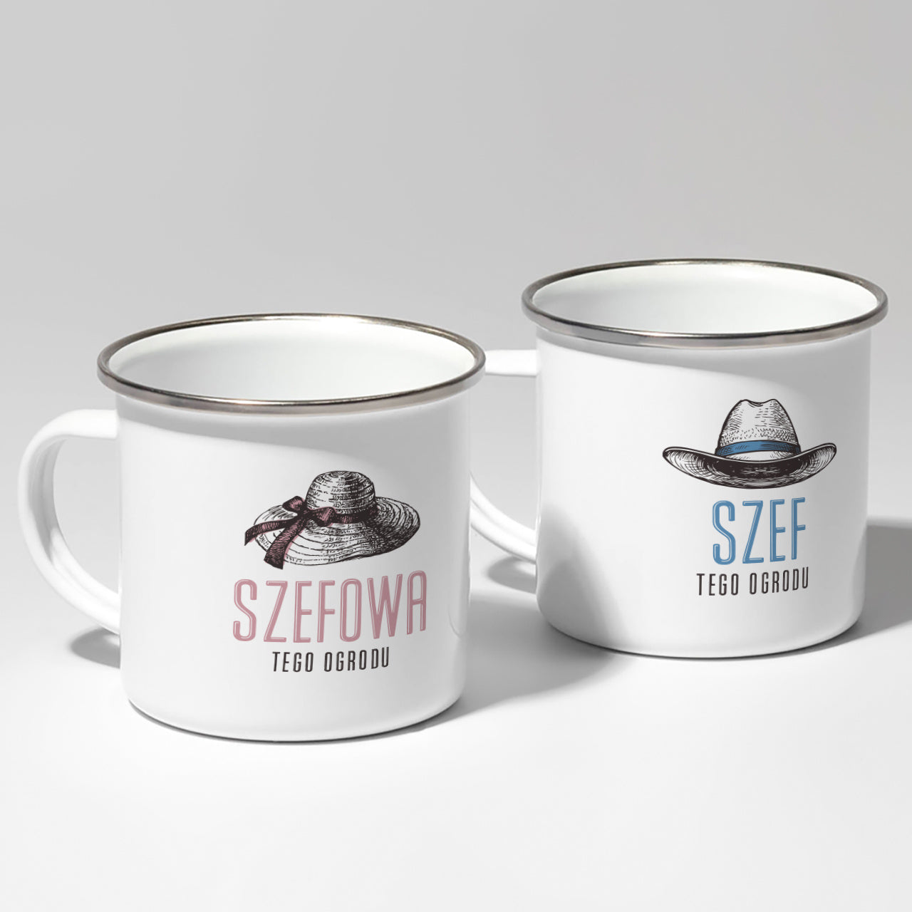 Komplet personalizowanych kubków emaliowanych - Szefowie Ogrodu - prezent dla pary ogrodników komplet kubków