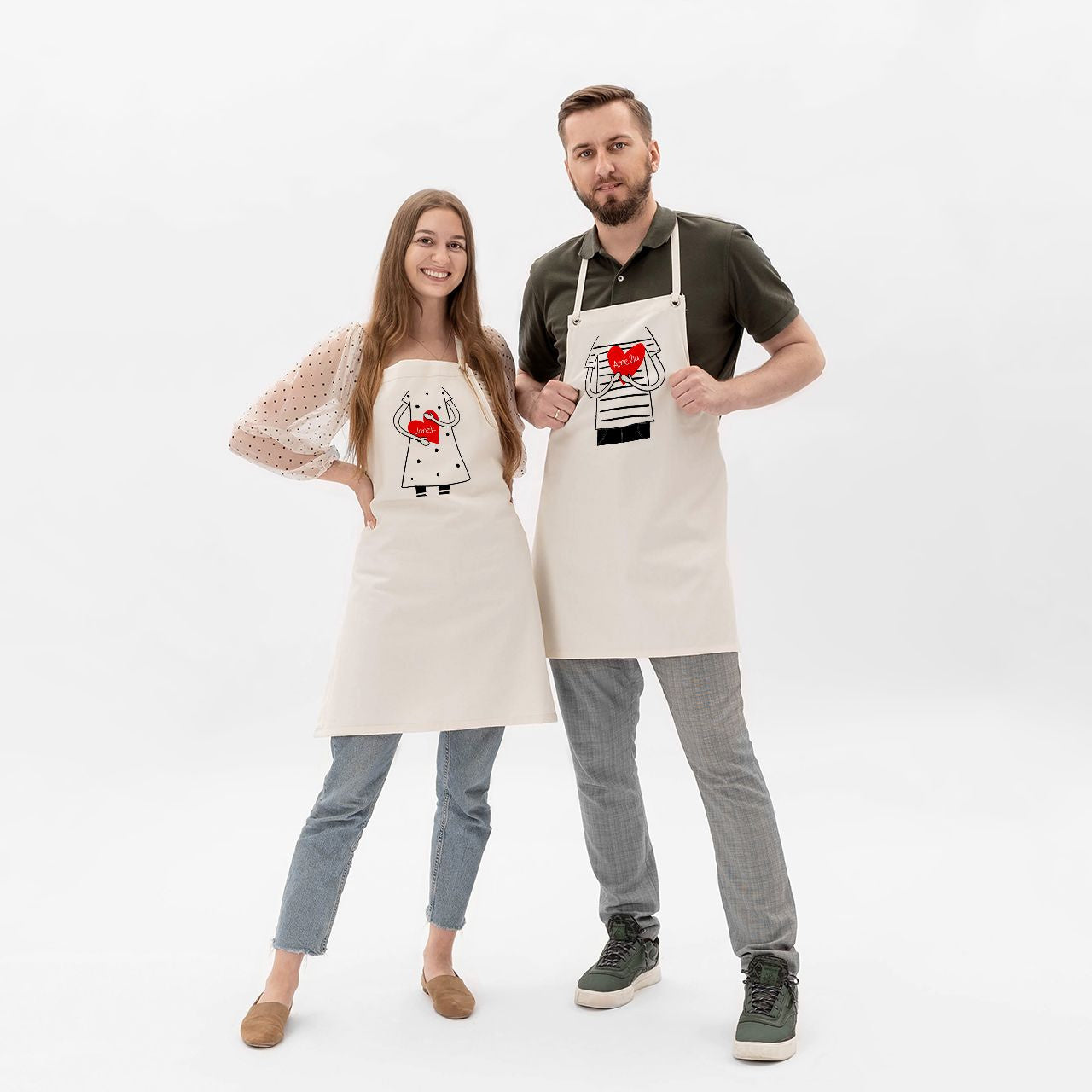 Dwa fartuchy dla pary na walentynki z personalizacją prezent na walentynki prezent walentynkowy prezent dla pary