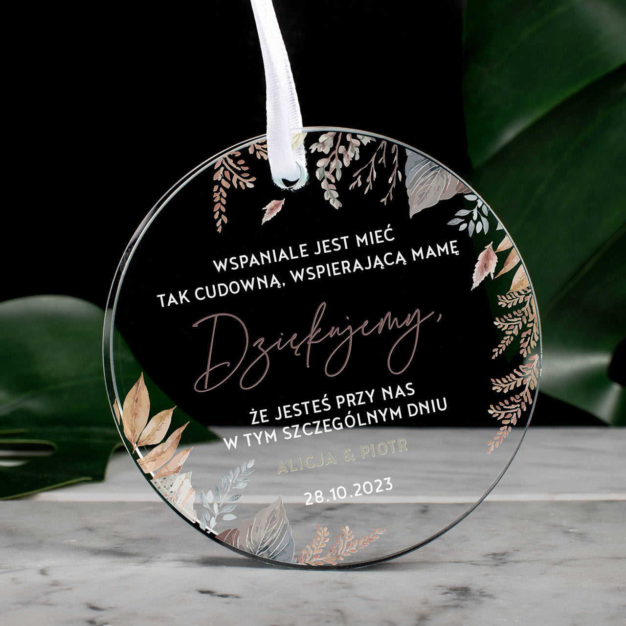 Szklana zawieszka dla mamy - podziękowanie ślubne dla mamy