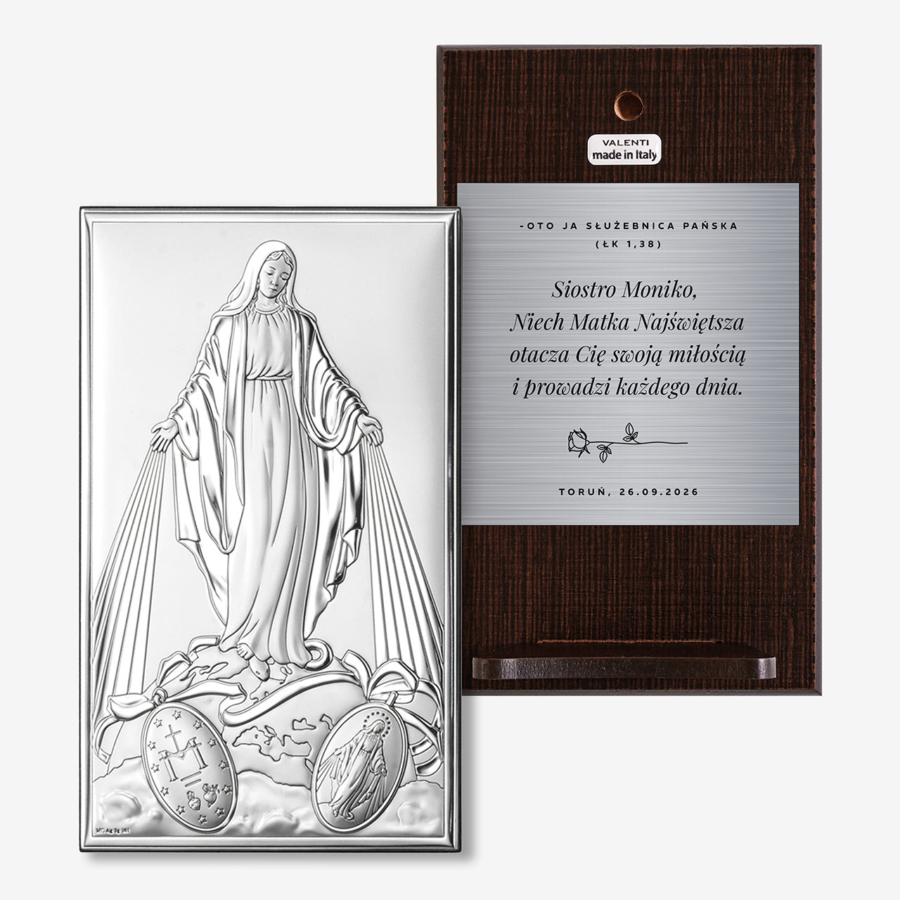 Personalizowany srebrny obrazek z Maryją - prezent dla zakonnicy elegancki prezent religijny personalizowany
