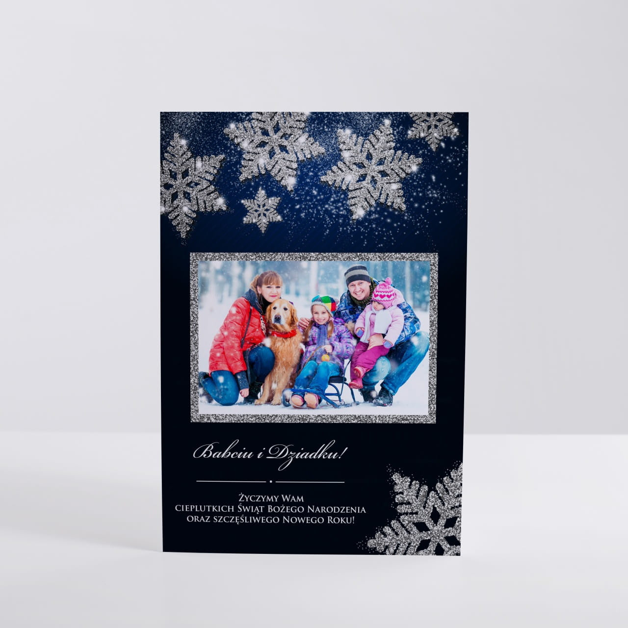 Świąteczna kartka ze zdjęciem całej rodziny - Śnieżynki kartka świąteczna upominek świąteczny kartka na święta