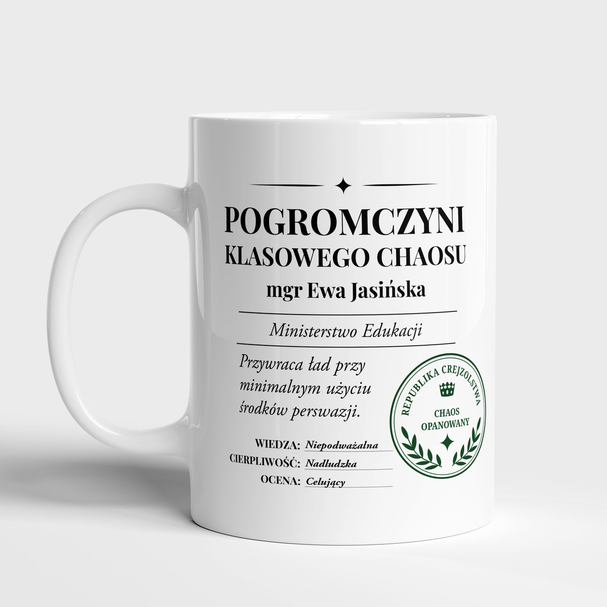 Kubek ze śmiesznym nadrukiem - prezent dla nauczycielki 