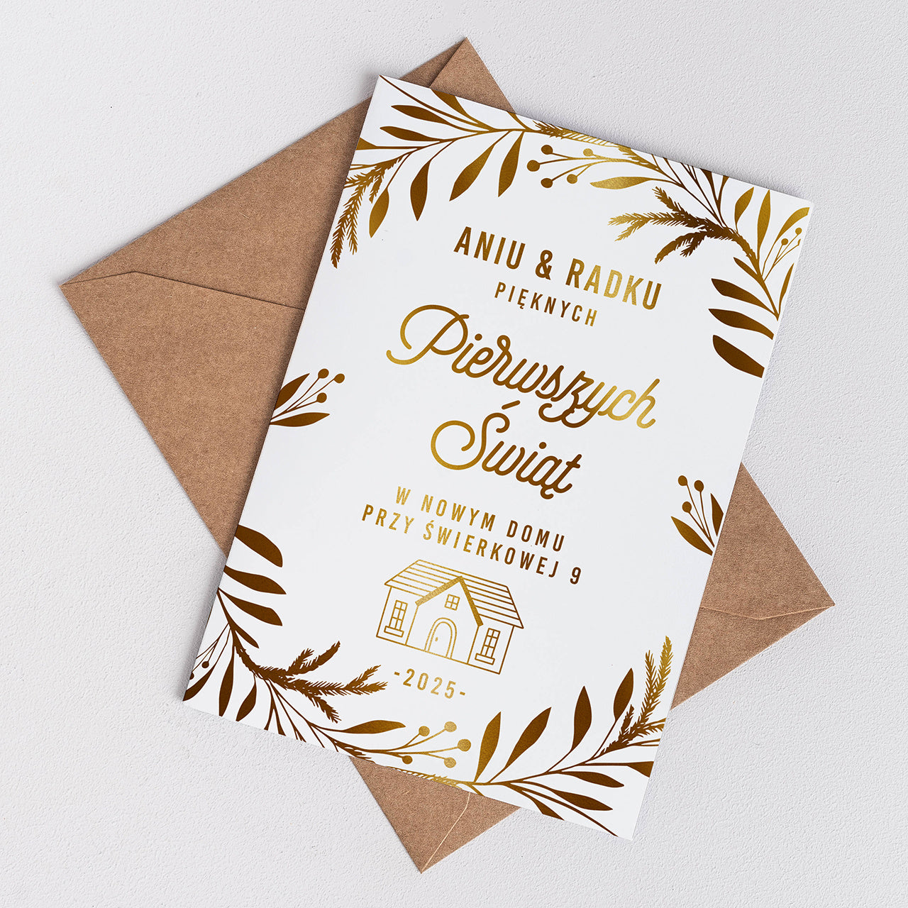 Pozłacana kartka świąteczna  Pierwsze Święta w Nowym Domu  życzenia świąteczne kartka na święta