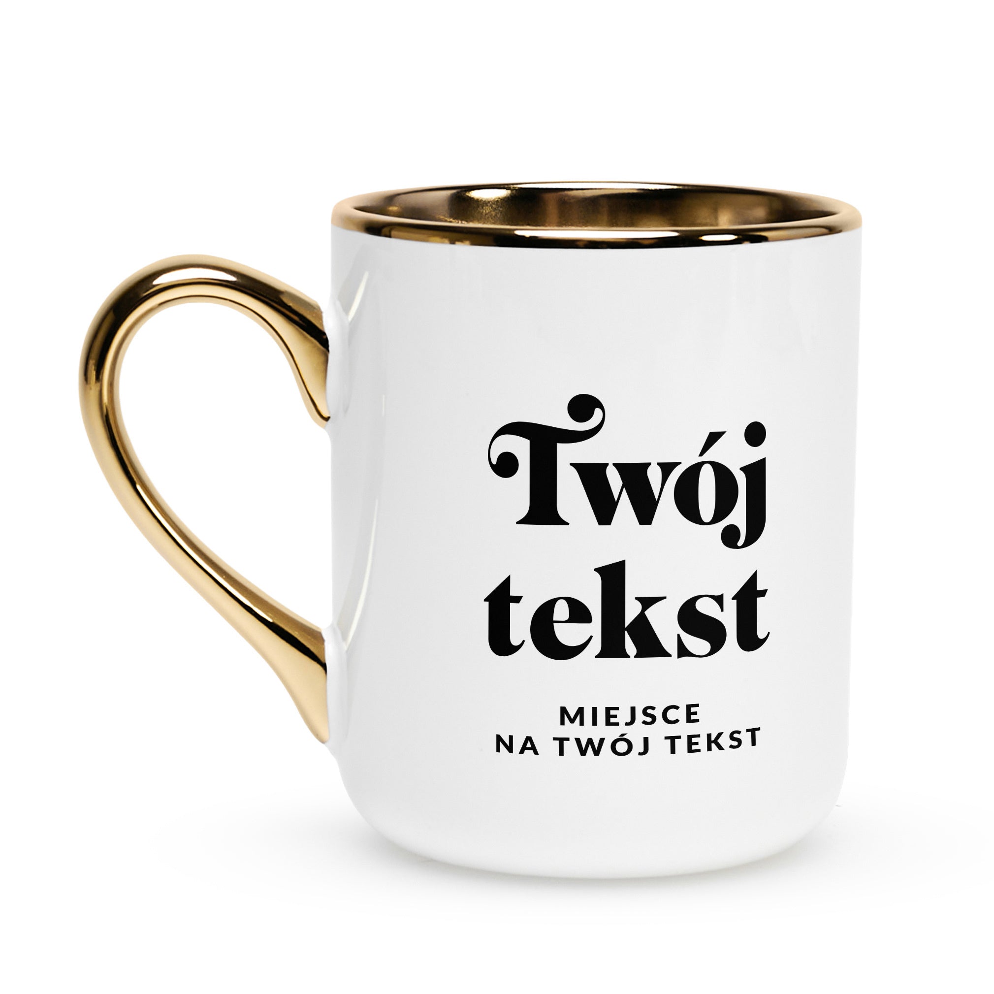 Personalizowany kubek biało-złoty - Twój Tekst kubek z nadrukiem