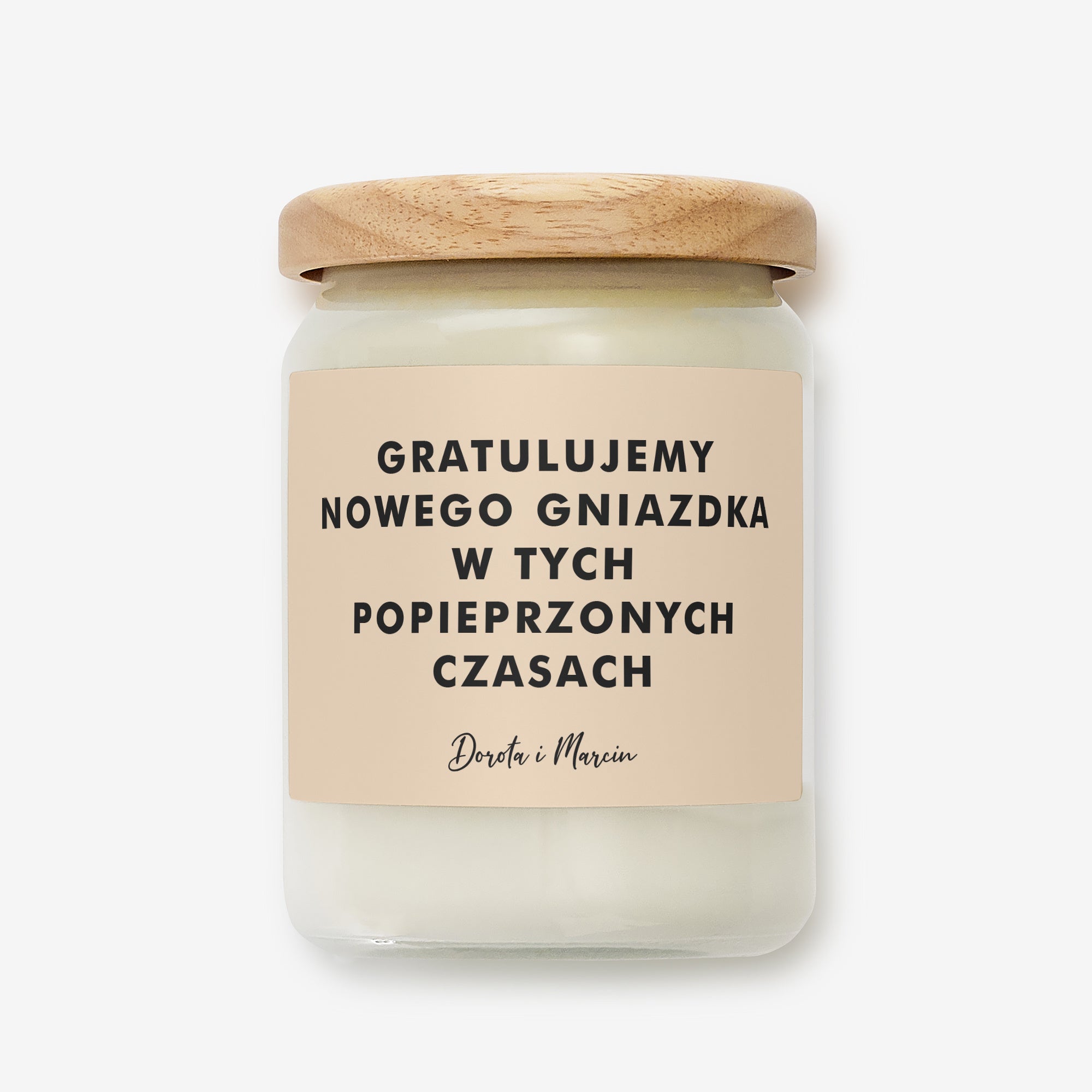 Świeczka naturalna z etykietą na parapetówkę