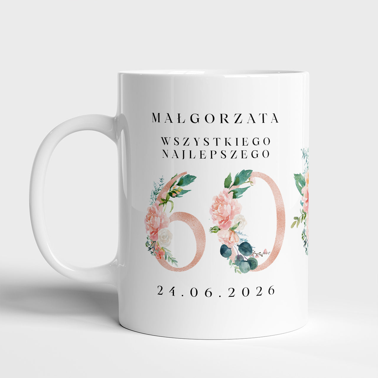 Personalizowany kubek w kwiaty - prezent na 60 urodziny dla kobiety
