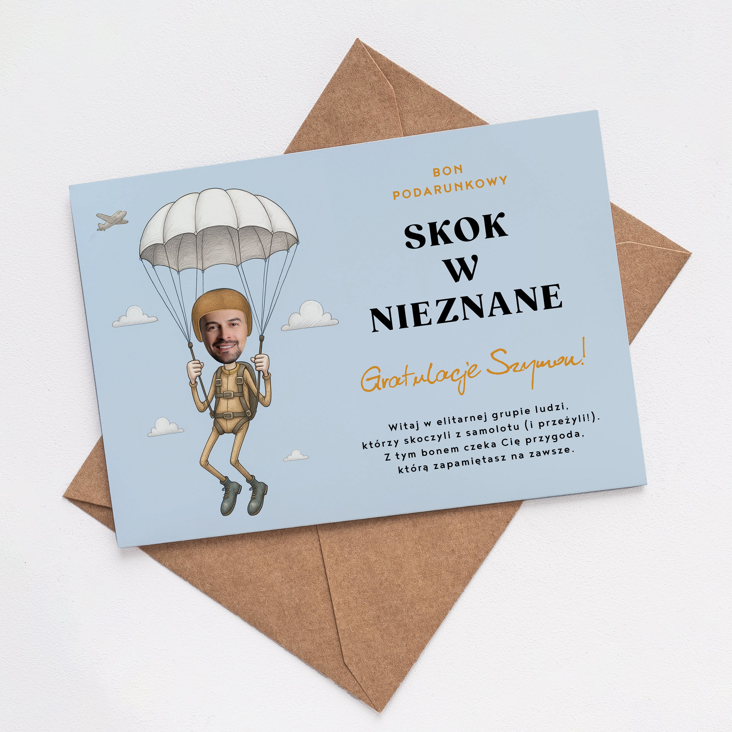 Dedykowana kartka - Lot Spadochronem personalizowana kartka na prezent zabawny prezent dla odważnych