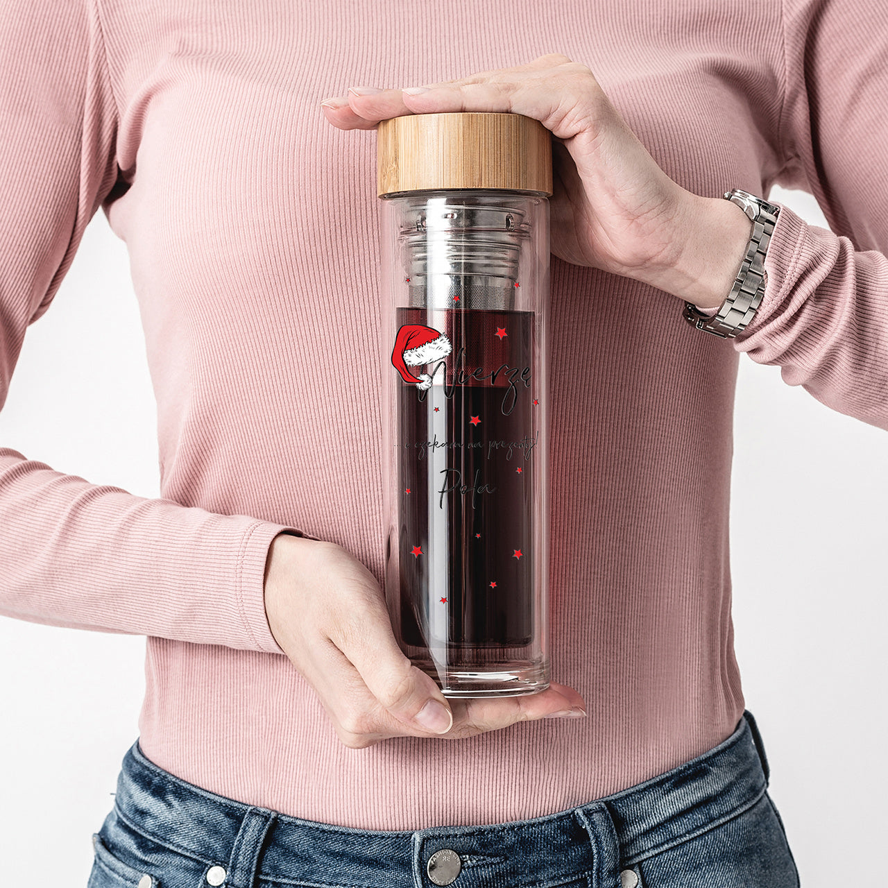 Szklany bidon świąteczny prezent na Mikołaja Świąteczny termos z zaparzaczem  prezent dla niej dla niego
