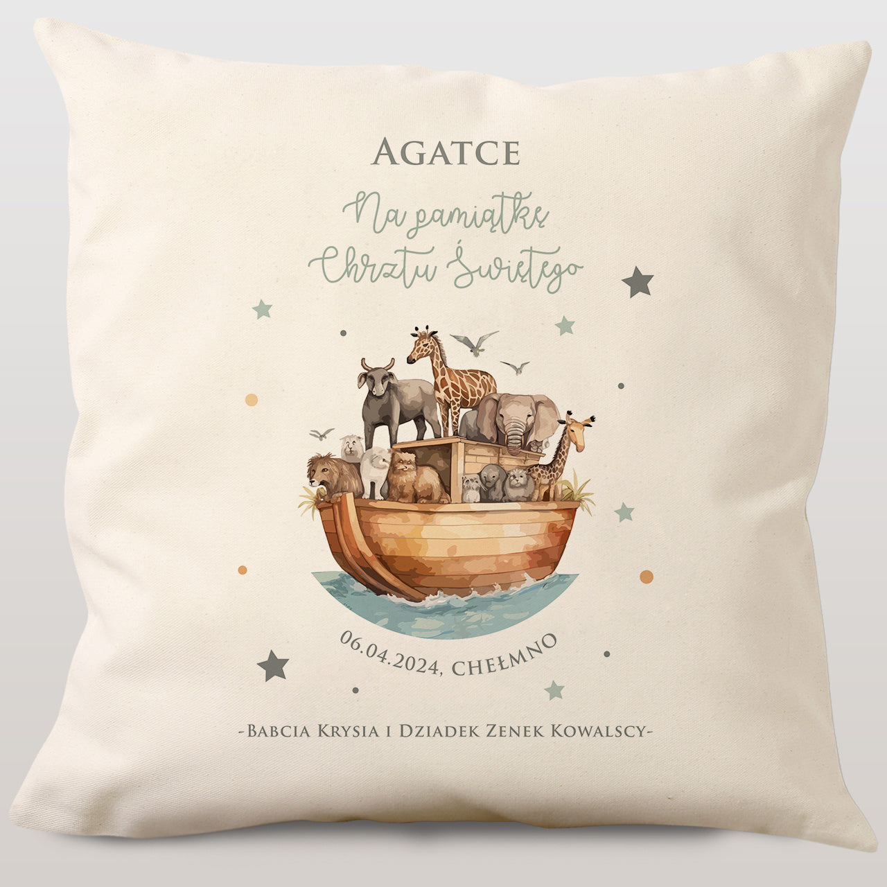 Poduszka personalizowana - Arka Noego - pamiątka chrztu