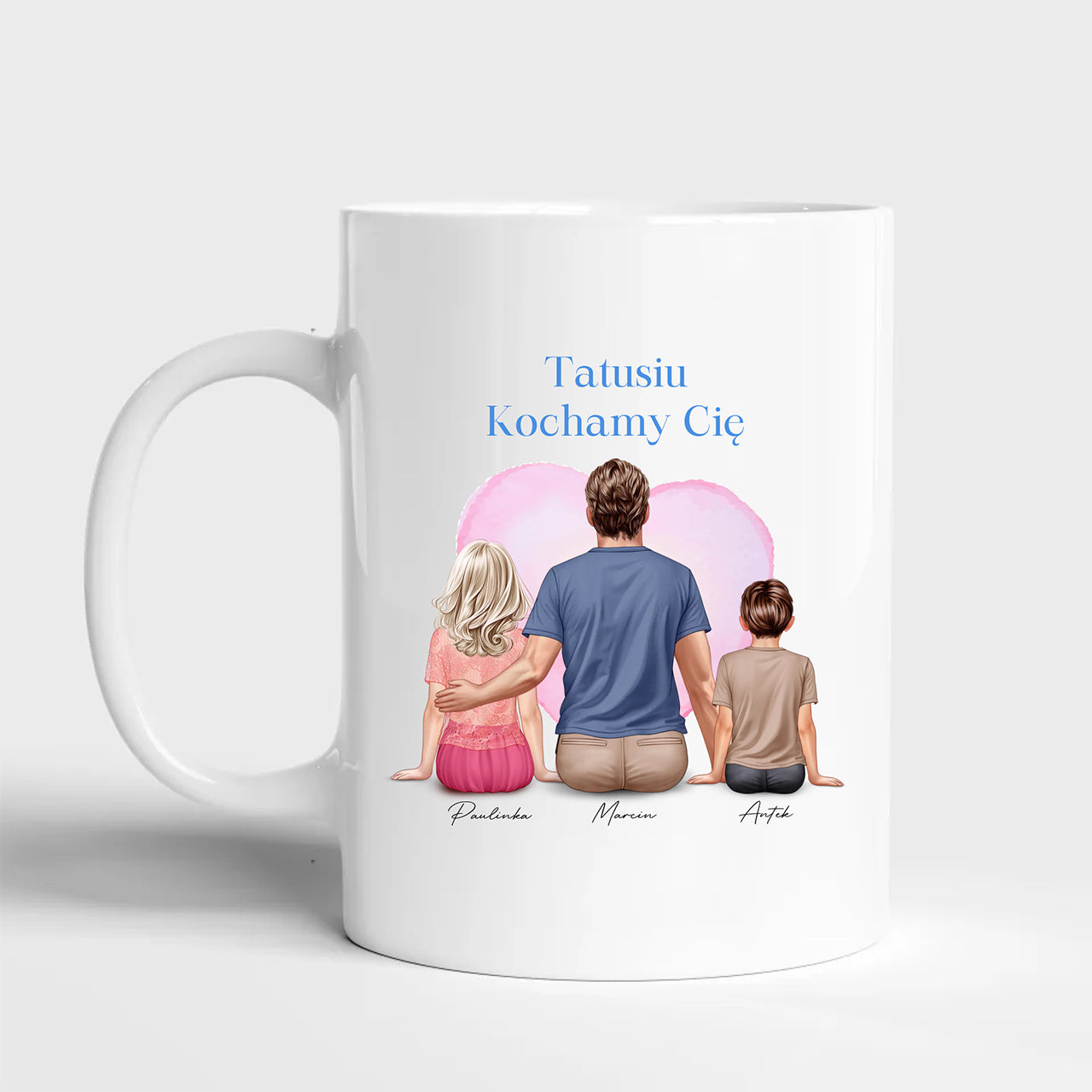 Kubek dla Taty z dwójką dzieci - Portret personalizowany kubek prezent dla Taty prezent na Dzień Taty