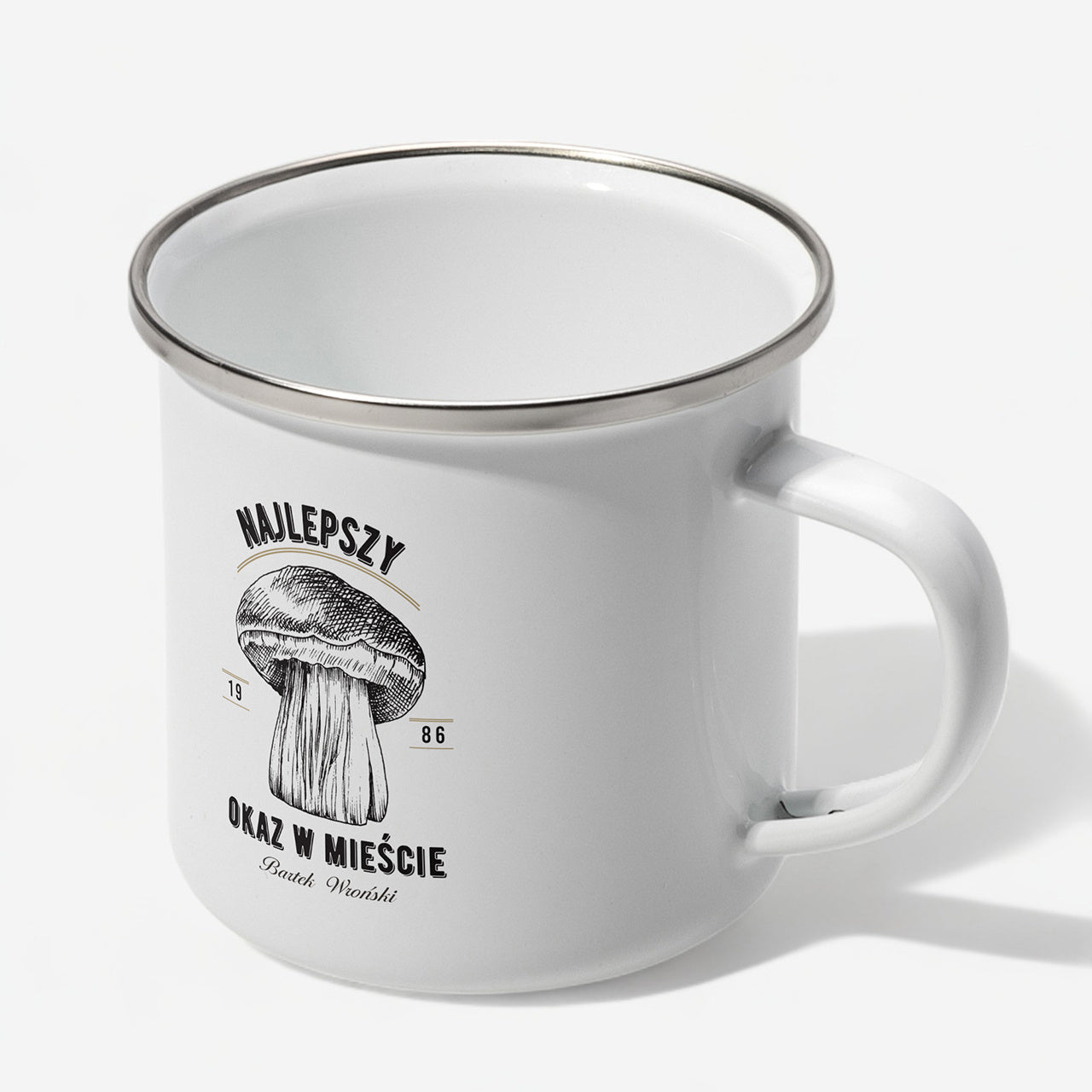 Personalizowany kubek emaliowany - upominek dla grzybiarza kubek z nadrukiem 