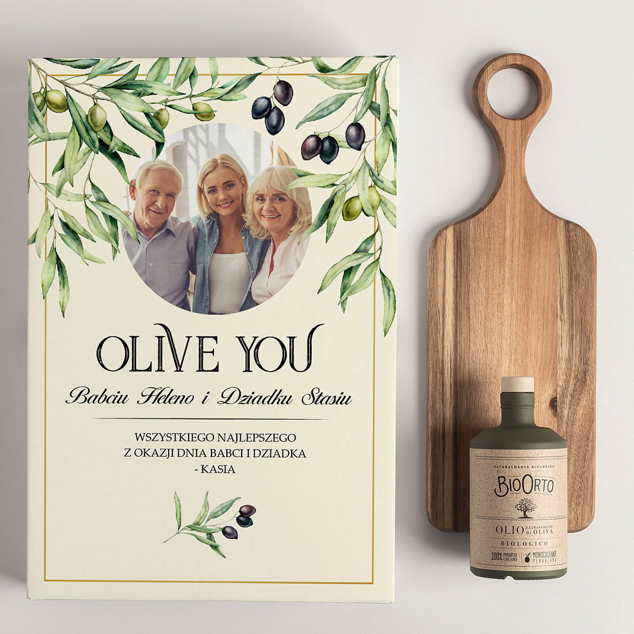 Oliwa z oliwek na prezent dla dziadków - ze zdjęciem zestaw oliwa z deską prezent dla dziadków