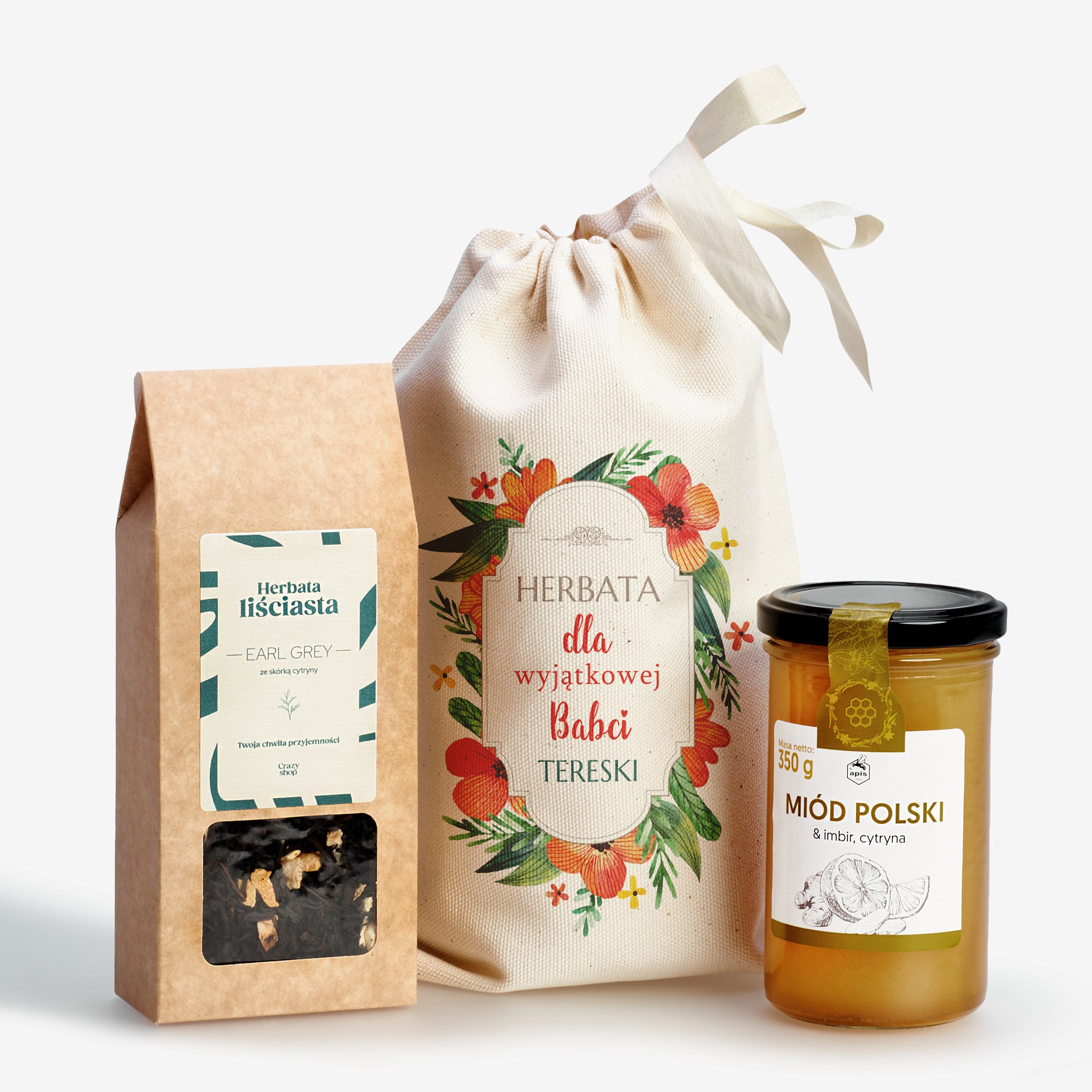 Personalizowany zestaw prezentowy dla babci - miód i herbatka