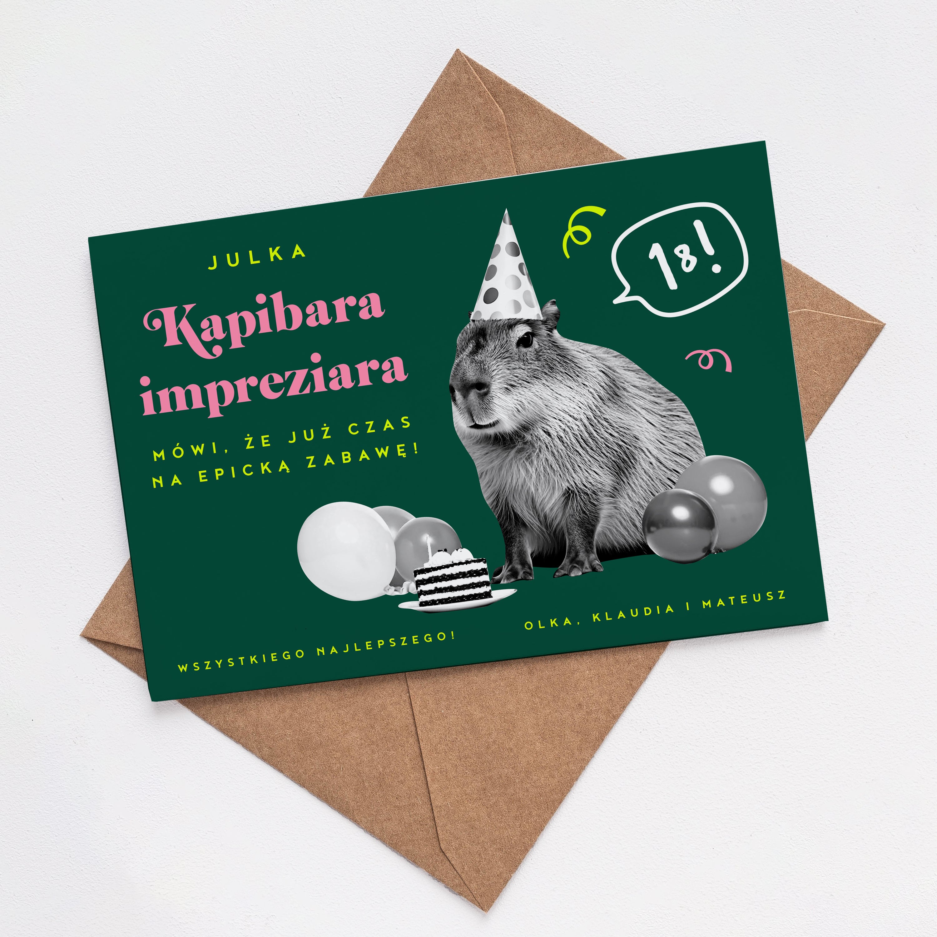 Śmieszna kartka na 18 urodziny - Kapibara Impreziara prezent na 18 urodziny kartka personalizowana