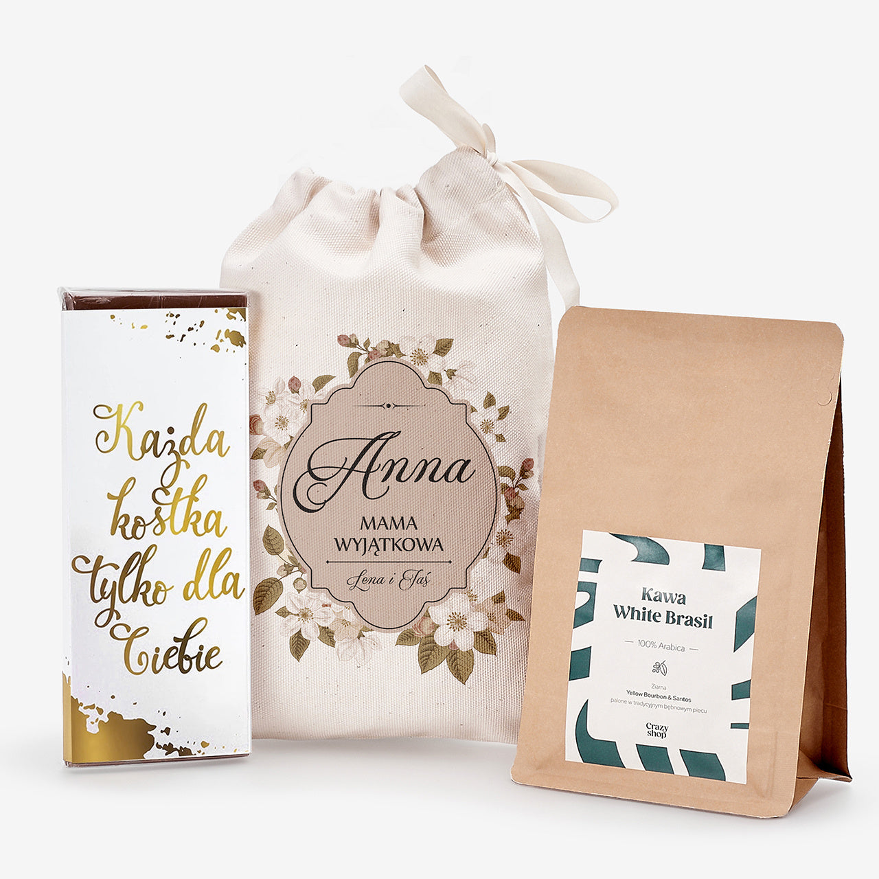 Kawa i czekolada w personalizowanym woreczku - prezent imieninowy dla mamy prezent na imieniny dla mamy