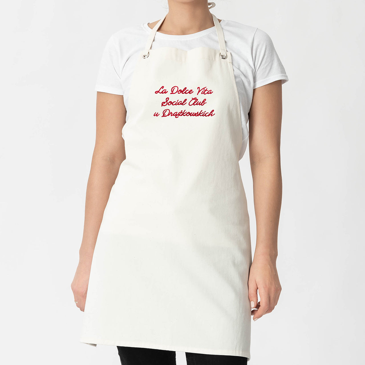 Fartuch z wyhaftowanym napisem La Dolce Vita Social Club fartuch kuchenny fartuchy do gotowania