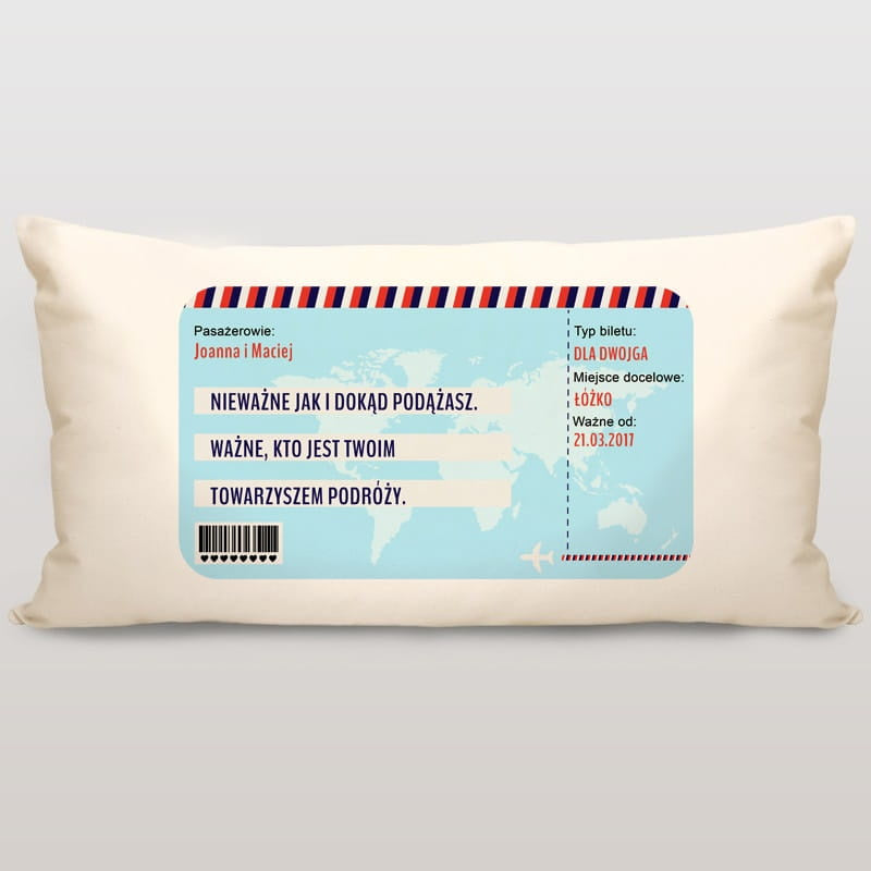 Poduszka z nadrukiem prezent ślubny dla podróżników - Bilet prezent dla podróżników prezent na ślub