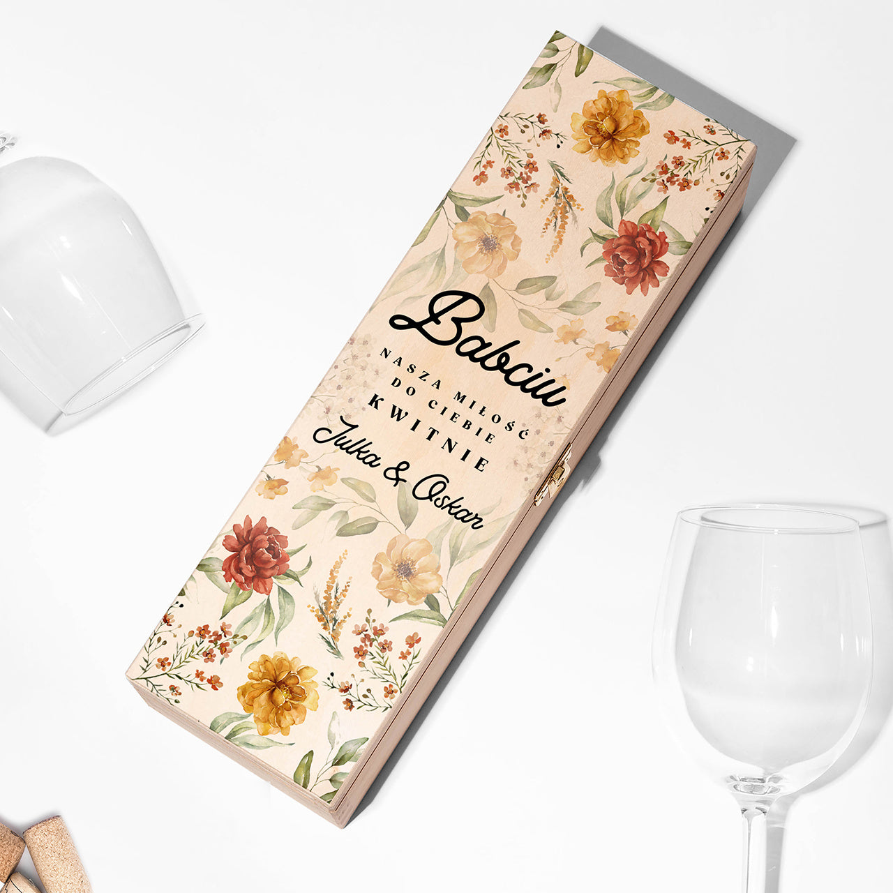 Skrzynka na wino prezent dla babci - Moja miłość kwitnie skrzynka na wino z grawerem prezent na Dzień Babci