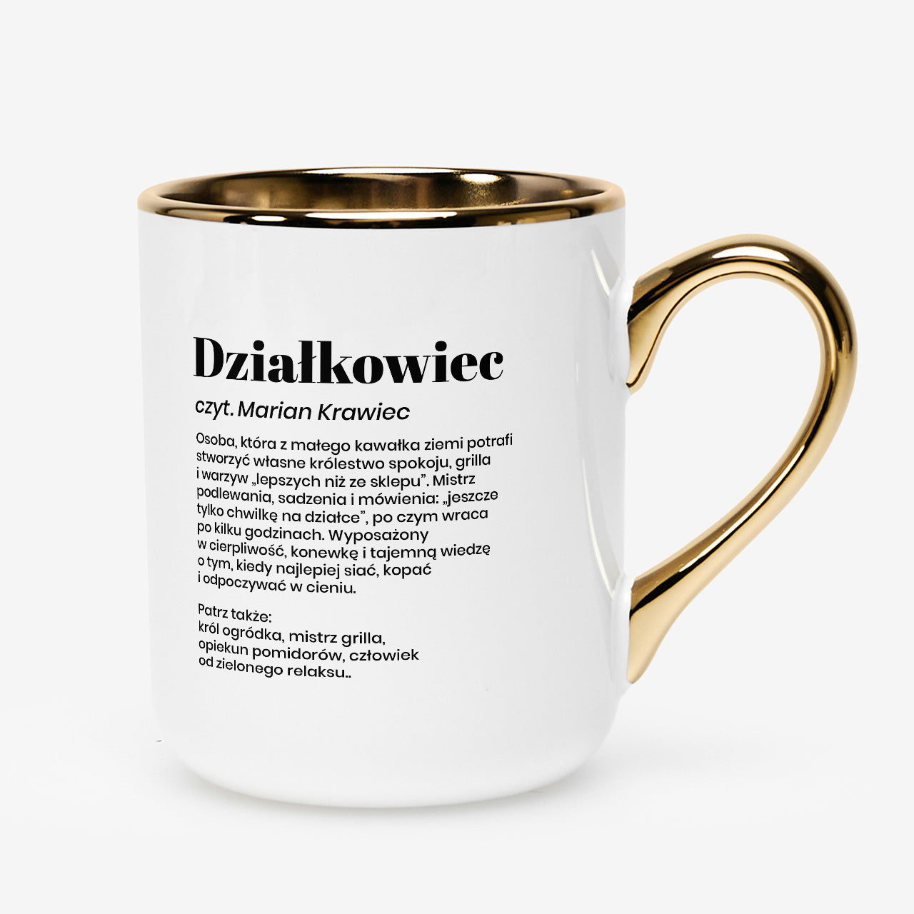 Kubek ze złotym rantem - prezent dla działkowca
