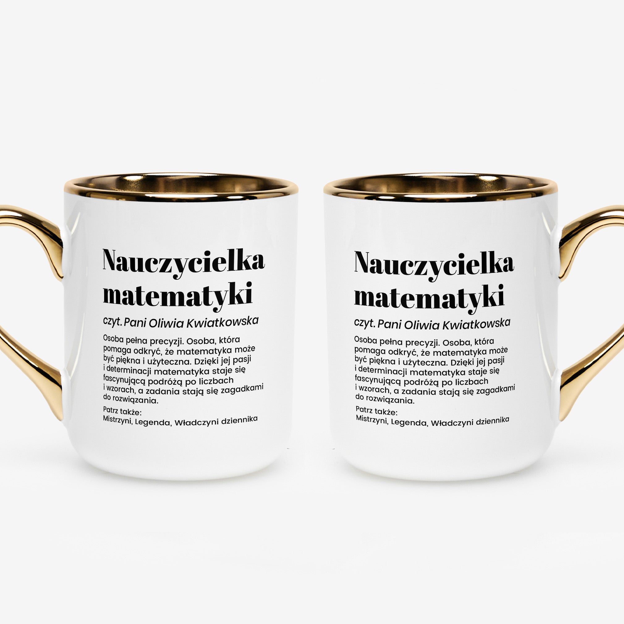 Personalizowany kubek biało-złoty dla nauczycielki matematyki - definicja