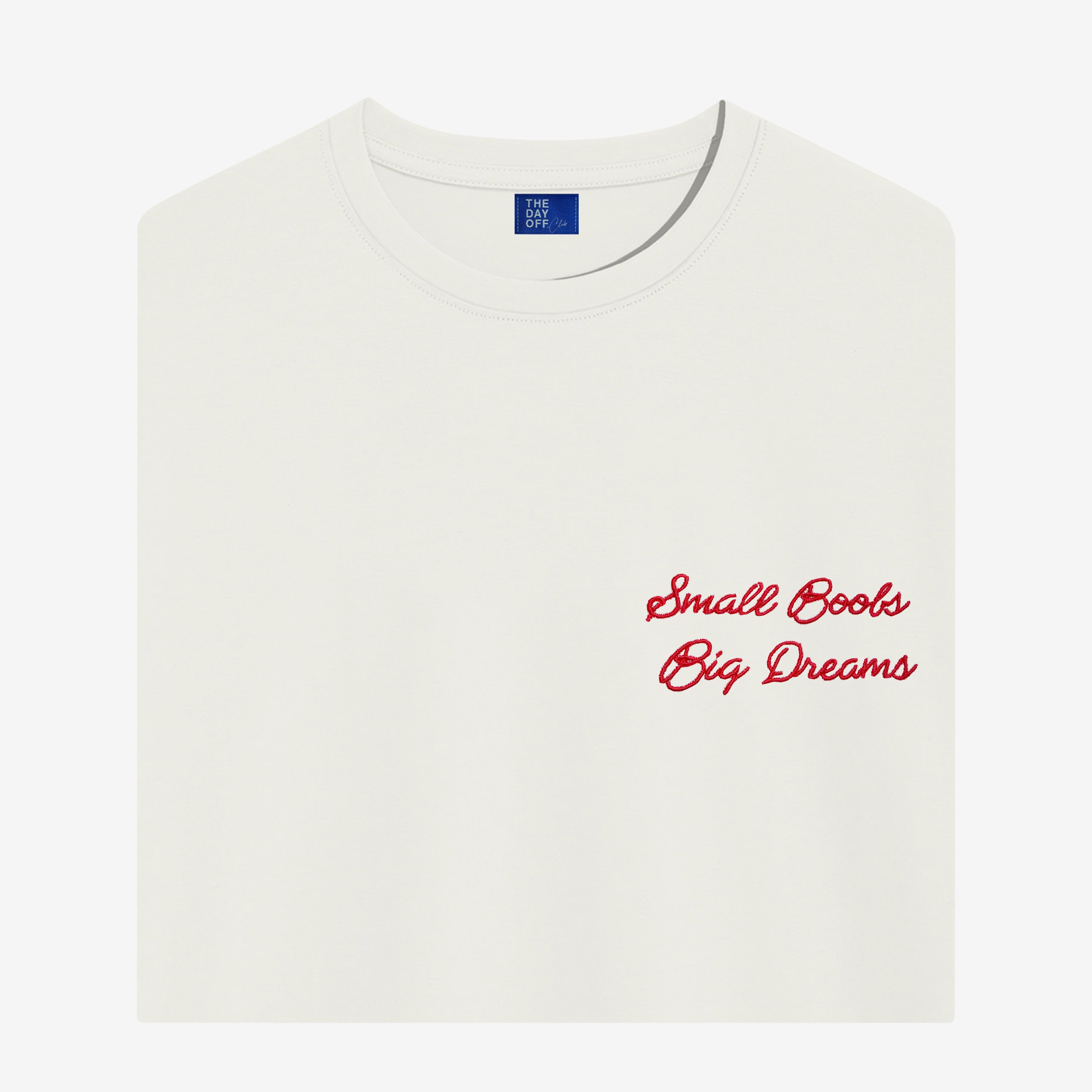 Personalizowana koszulka TheDayOff Small Boobs Big Dreams – L śmieszny prezent dla niej koszulka damska