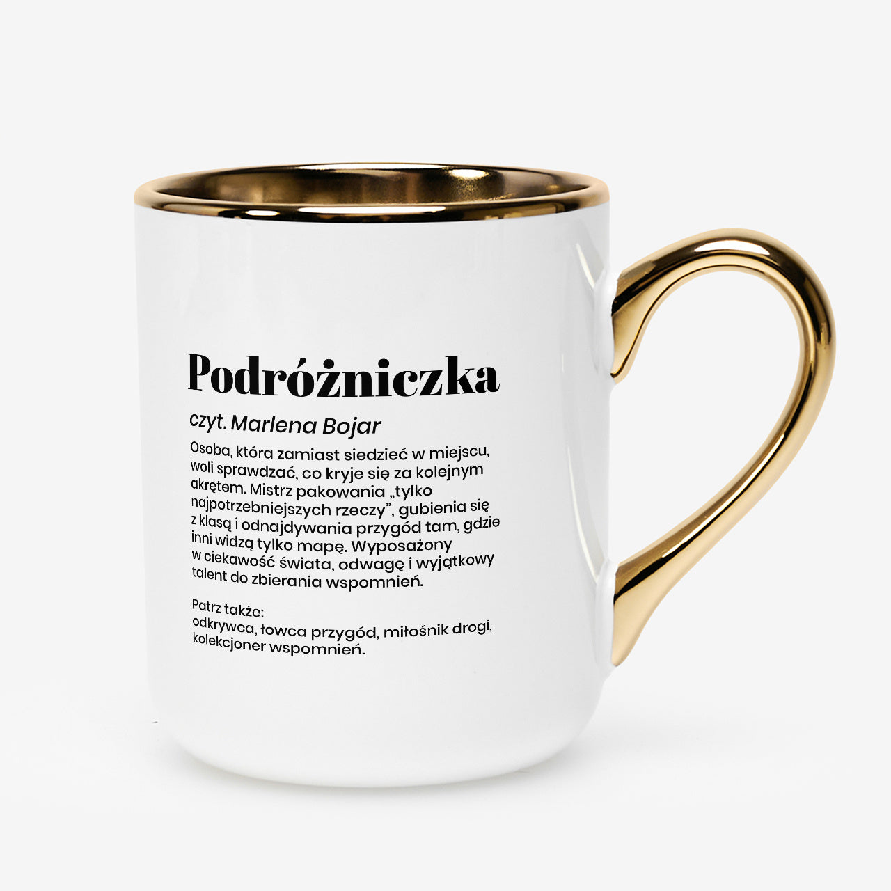 Biało-złoty kubek dla podróżniczki - prezent personalizowany dla niej