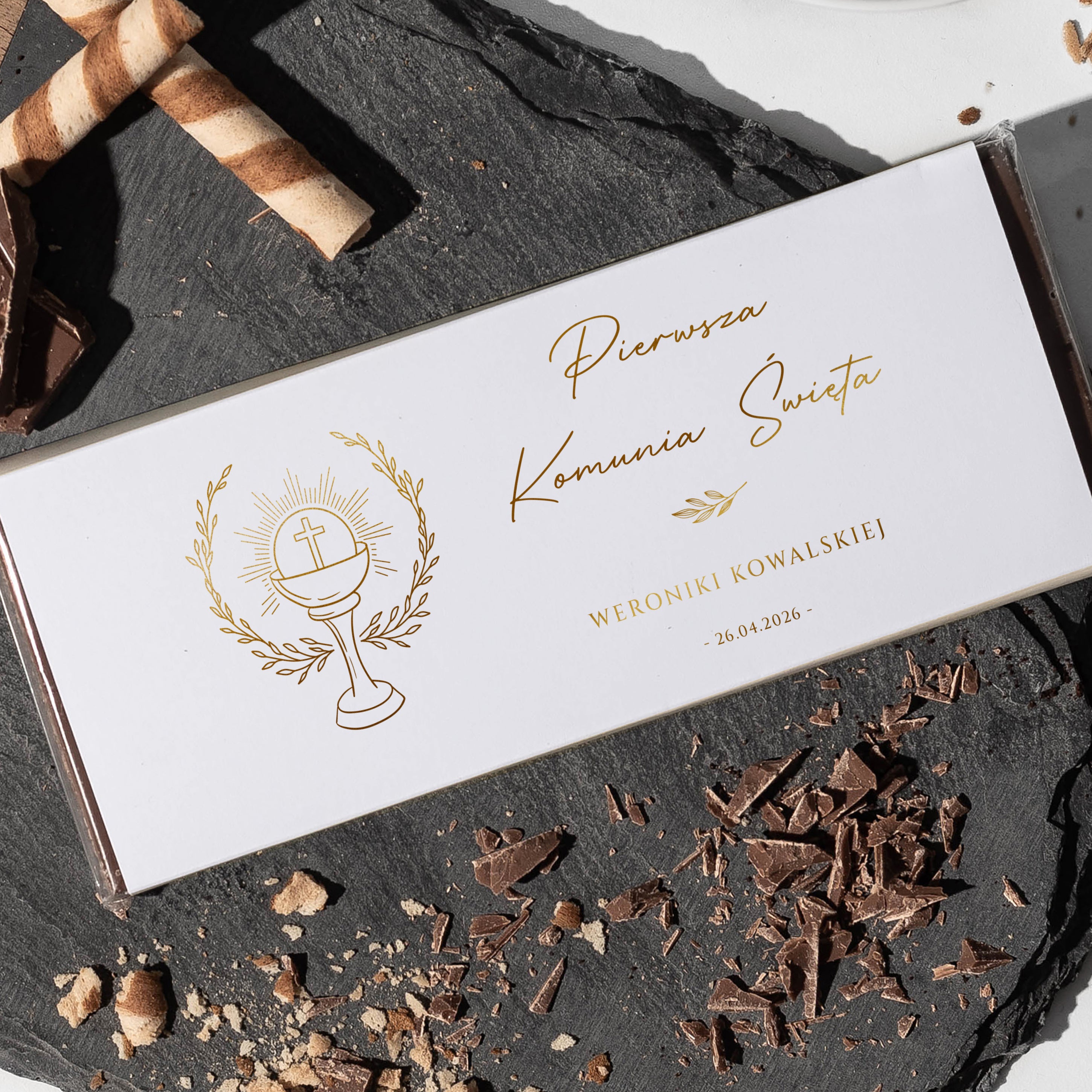 Personalizowana czekolada komunijna ze złoceniem czekolada na komunię upominek komunijny