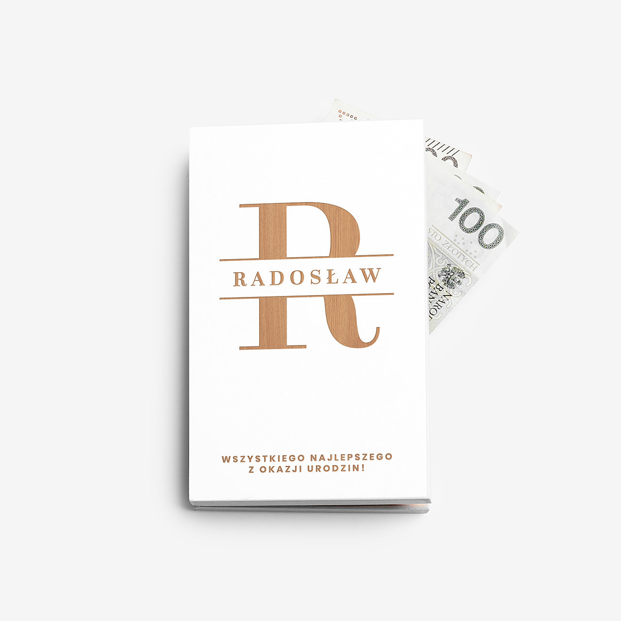 Drewniane pudełko na pieniądze urodzinowe - monogram