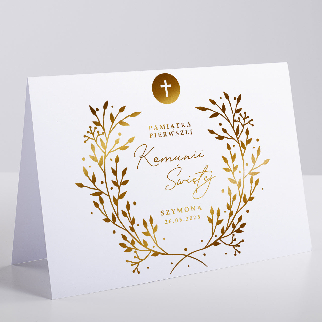 Personalizowana kartka na Pierwszą Komunię Świętą - ze złoceniem personalizowana kartka komunijna