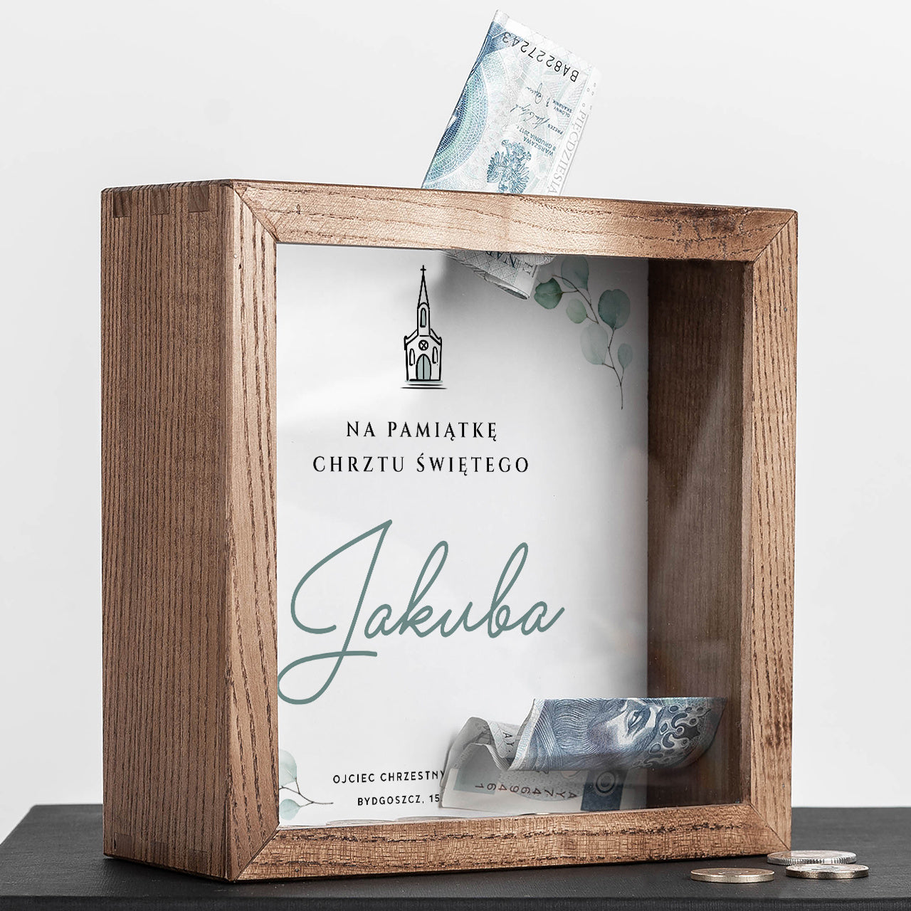 Skarbonka na chrzest dla chłopca - Pamiątka Chrztu św. personalizowana skarbonka prezent na Chrzest Święty 