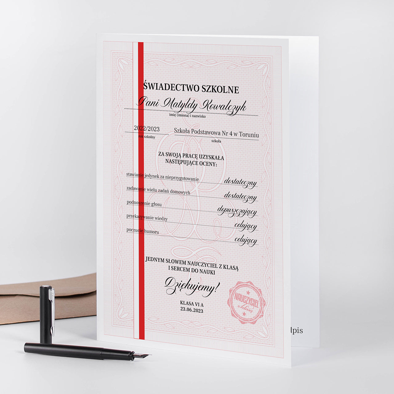 Kartka A4 na koniec roku dla nauczyciela personalizowana pamiątka od klasy