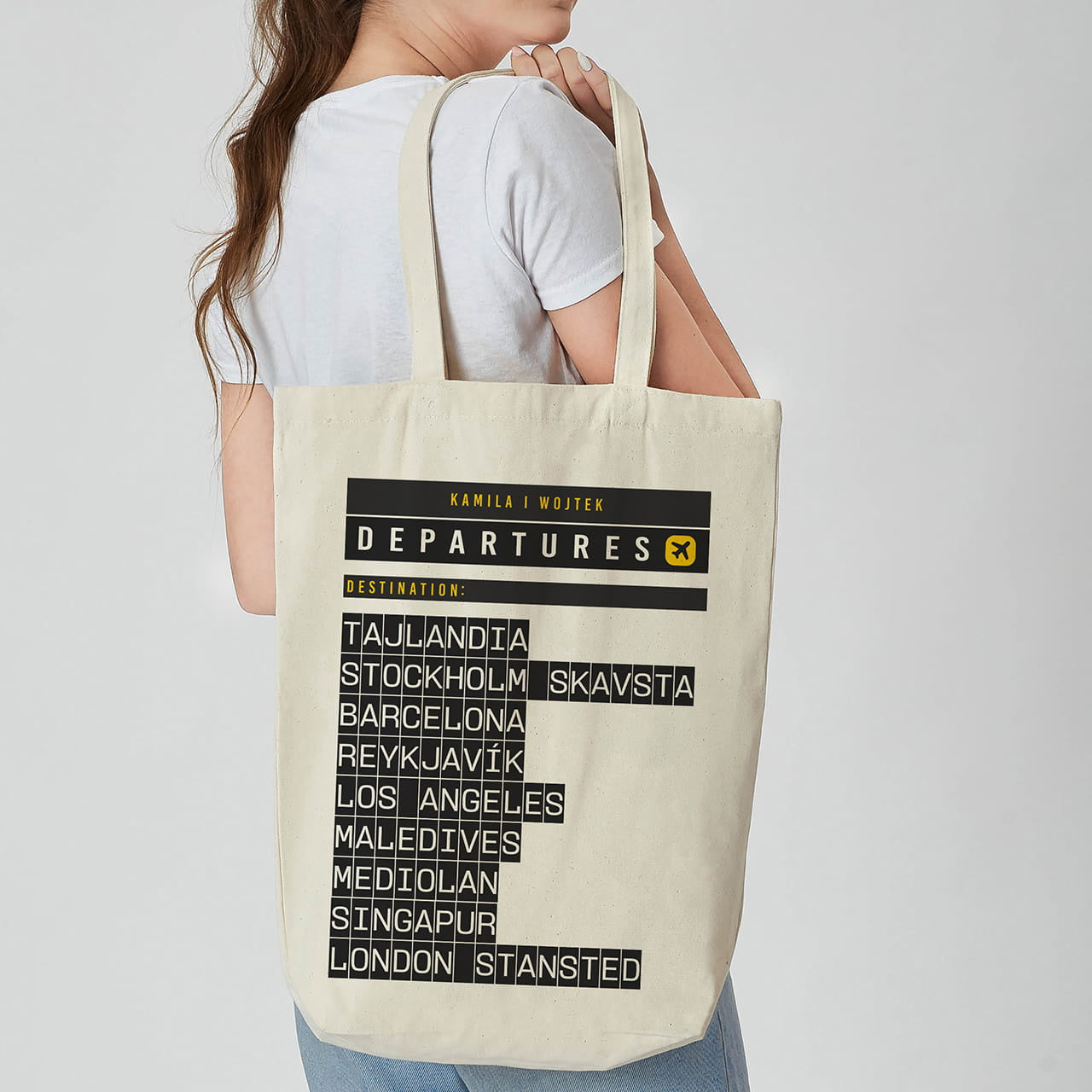 Personalizowana torba dla podróżnika - tablica odlotów prezent dla podróżnika gadżet dla podróżnika