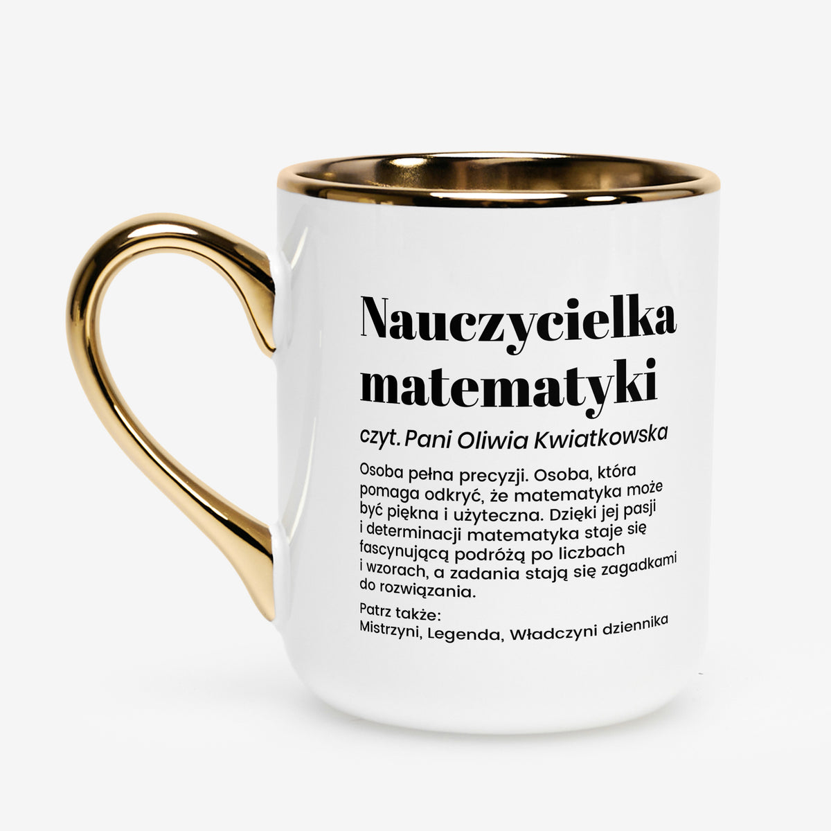 Personalizowany kubek biało-złoty dla nauczycielki matematyki - definicja