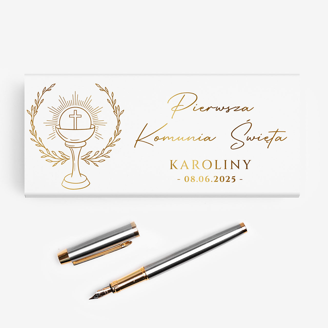 Eleganckie pióro w personalizowanym opakowaniu - Pamiątka I Komunii Świętej prezent komunijny pióro wieczne