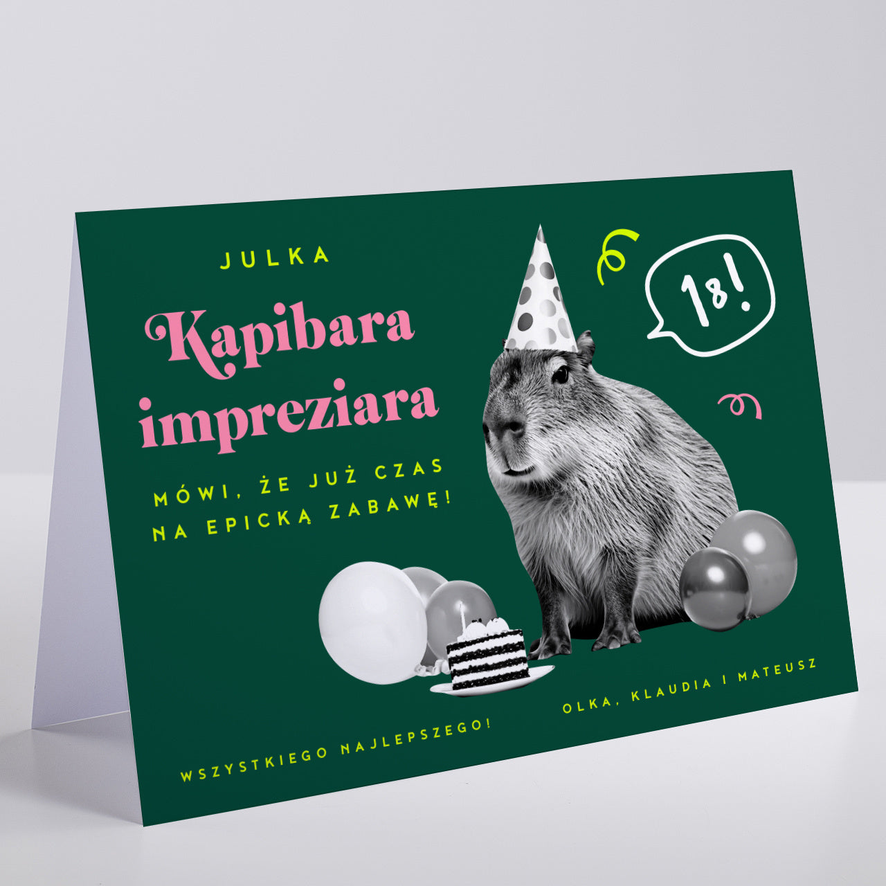 Śmieszna kartka na 18 urodziny - Kapibara Impreziara prezent na 18 urodziny kartka personalizowana