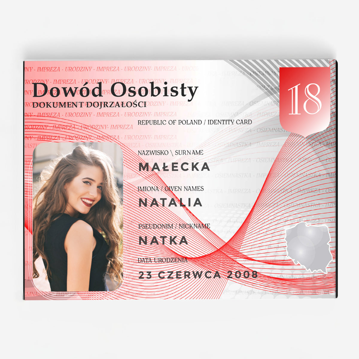 Czekoladki personalizowane na 18. urodziny - dowód osobisty