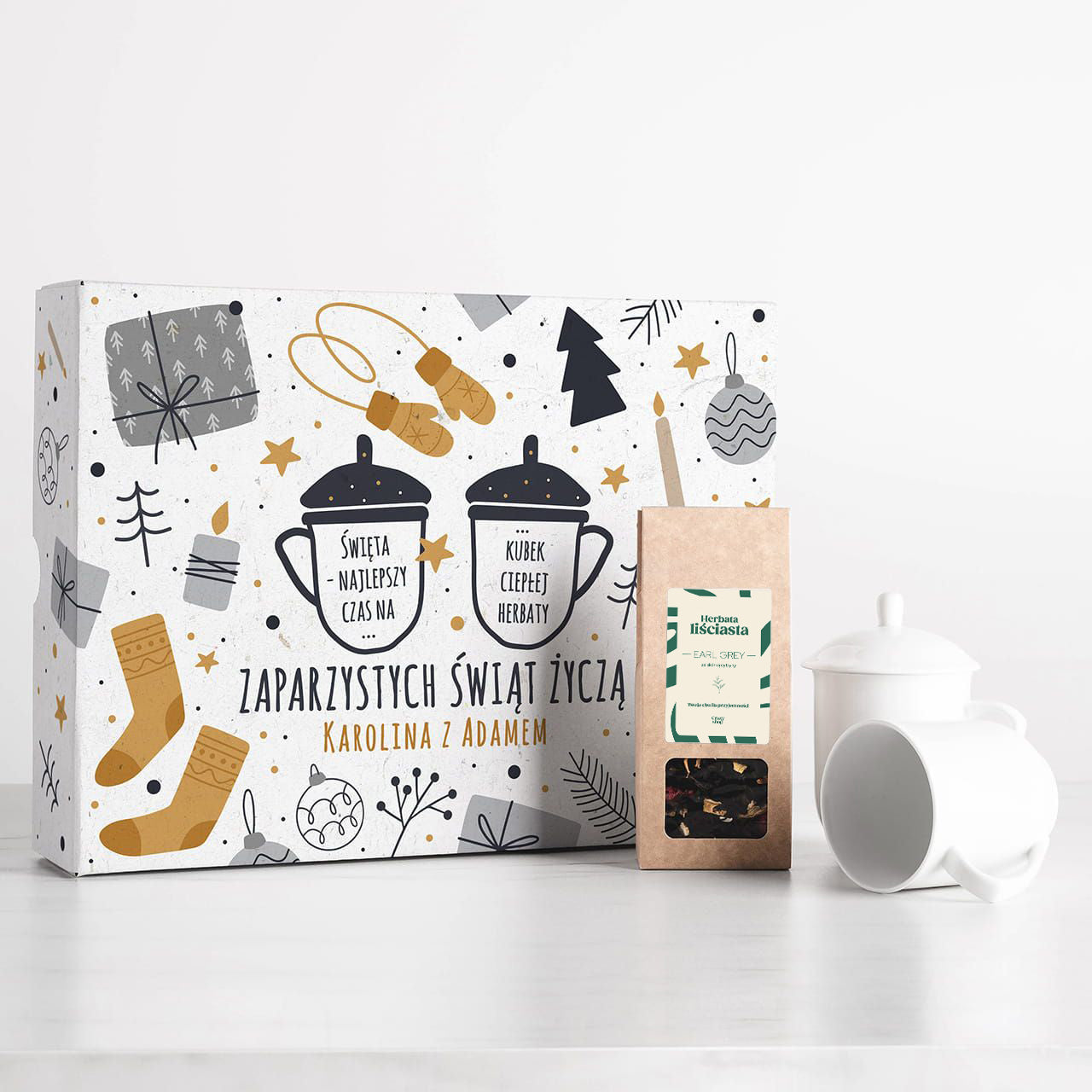 Personalizowany zestaw świąteczny Herbatka i kubki z przykrywką