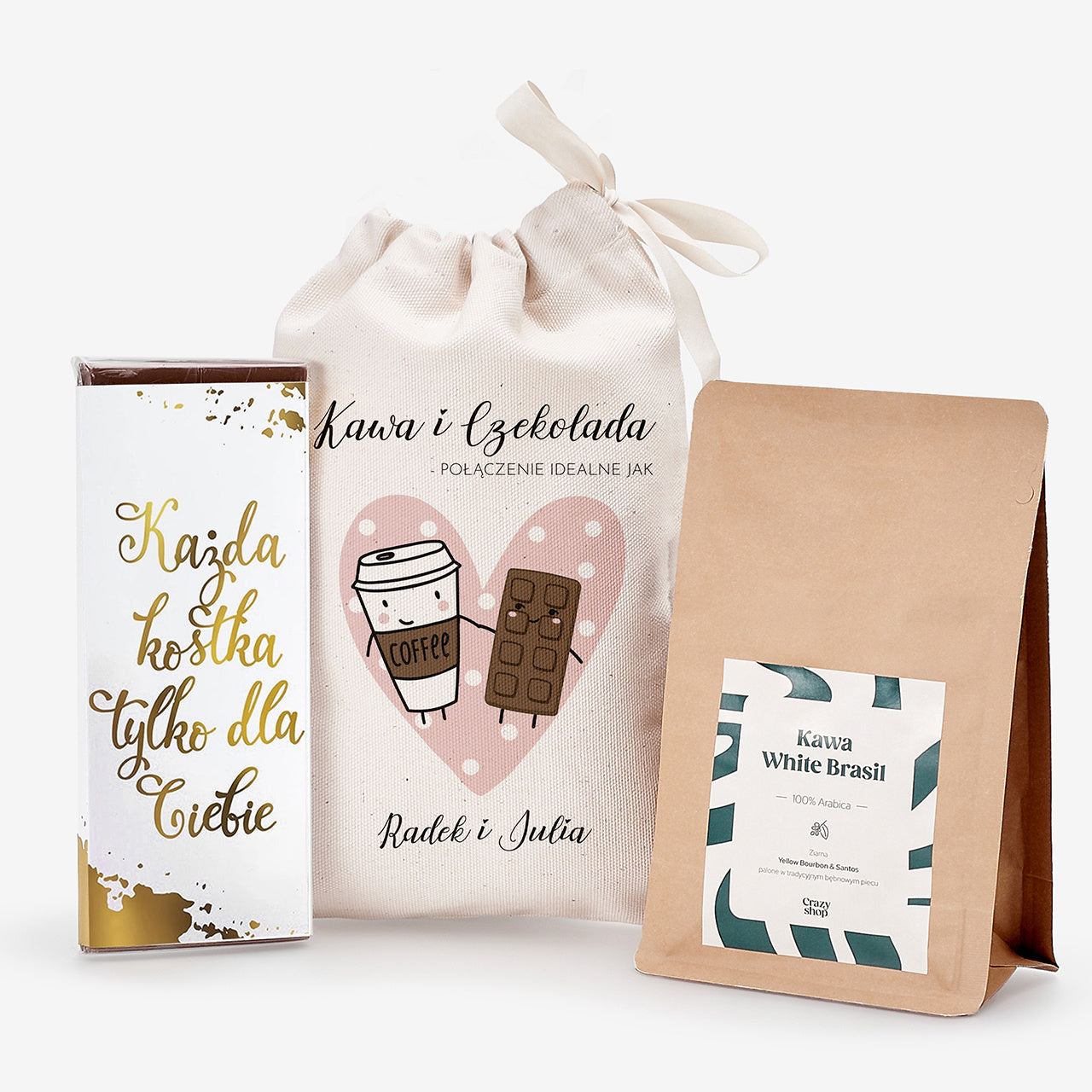 Kawa i czekolada w personalizowanym woreczku - Połączenie Idealne - prezent dla narzeczonych