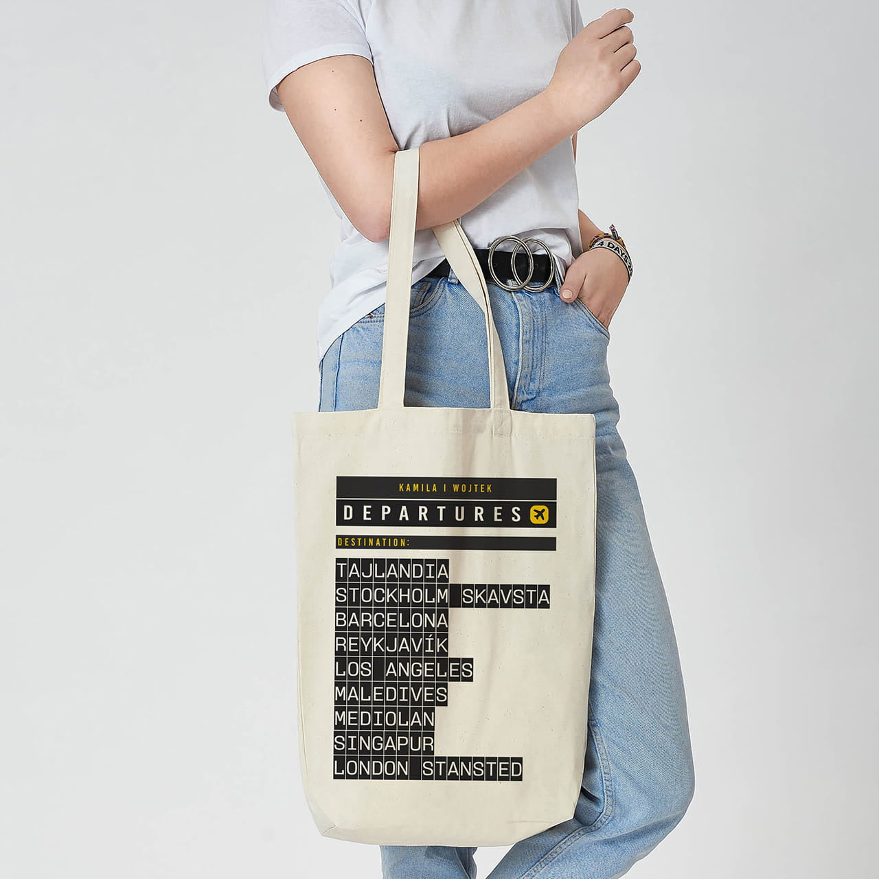 Personalizowana torba dla podróżnika - tablica odlotów prezent dla podróżnika gadżet dla podróżnika