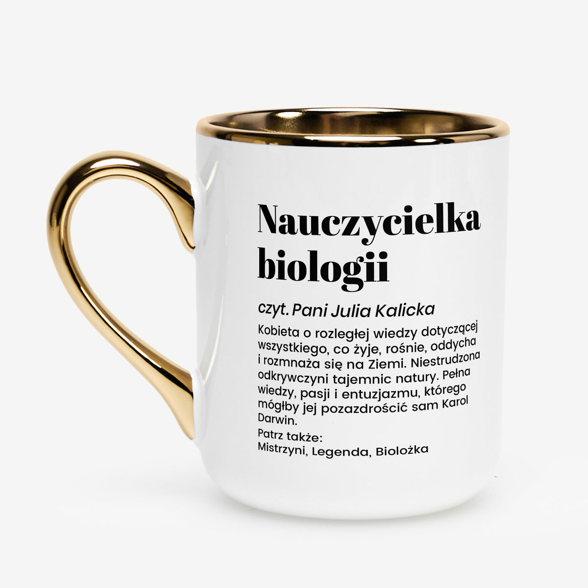 Biało-złoty kubek - śmieszny prezent dla nauczycielki biologii