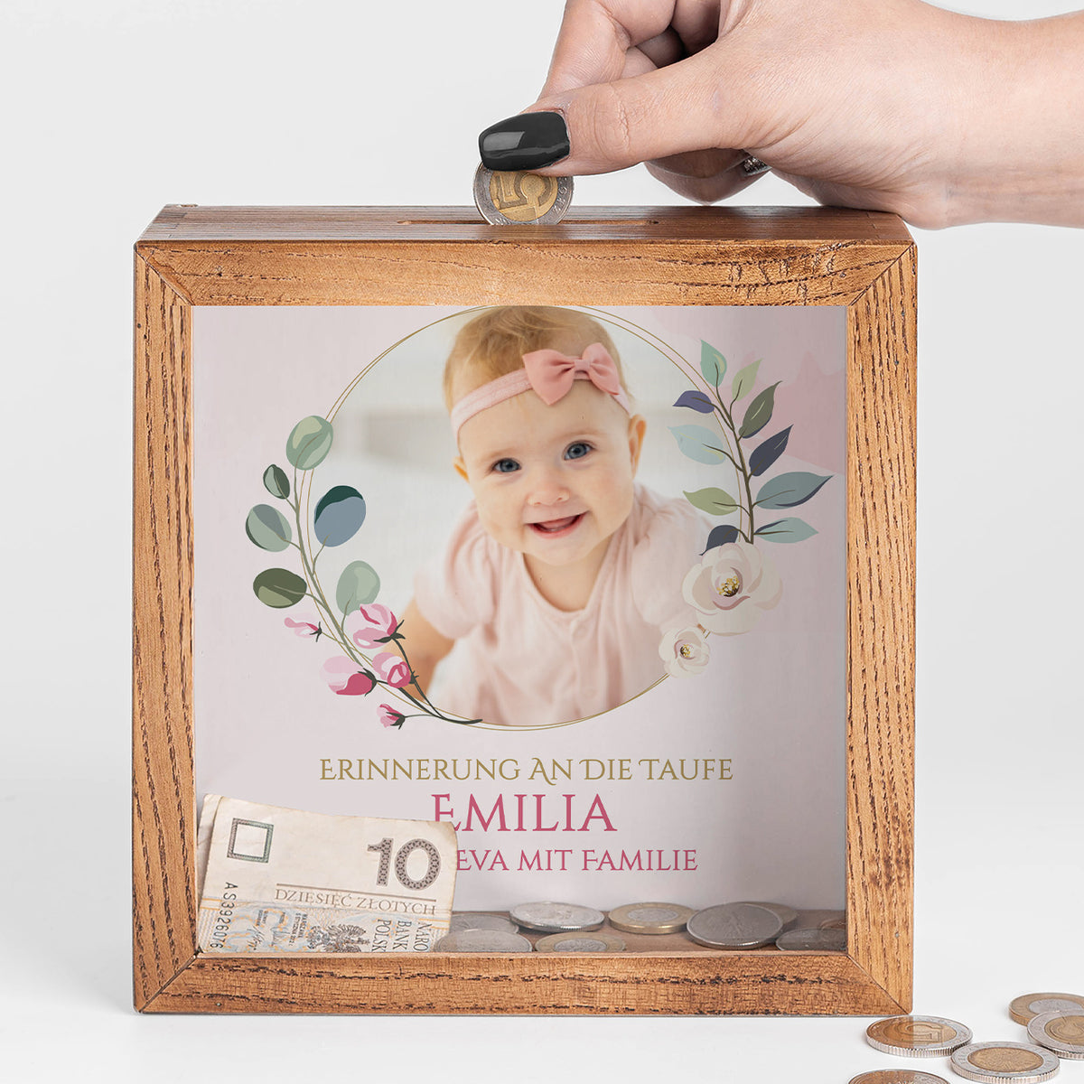 Spardose mit Foto zur Taufe für ein Mädchen