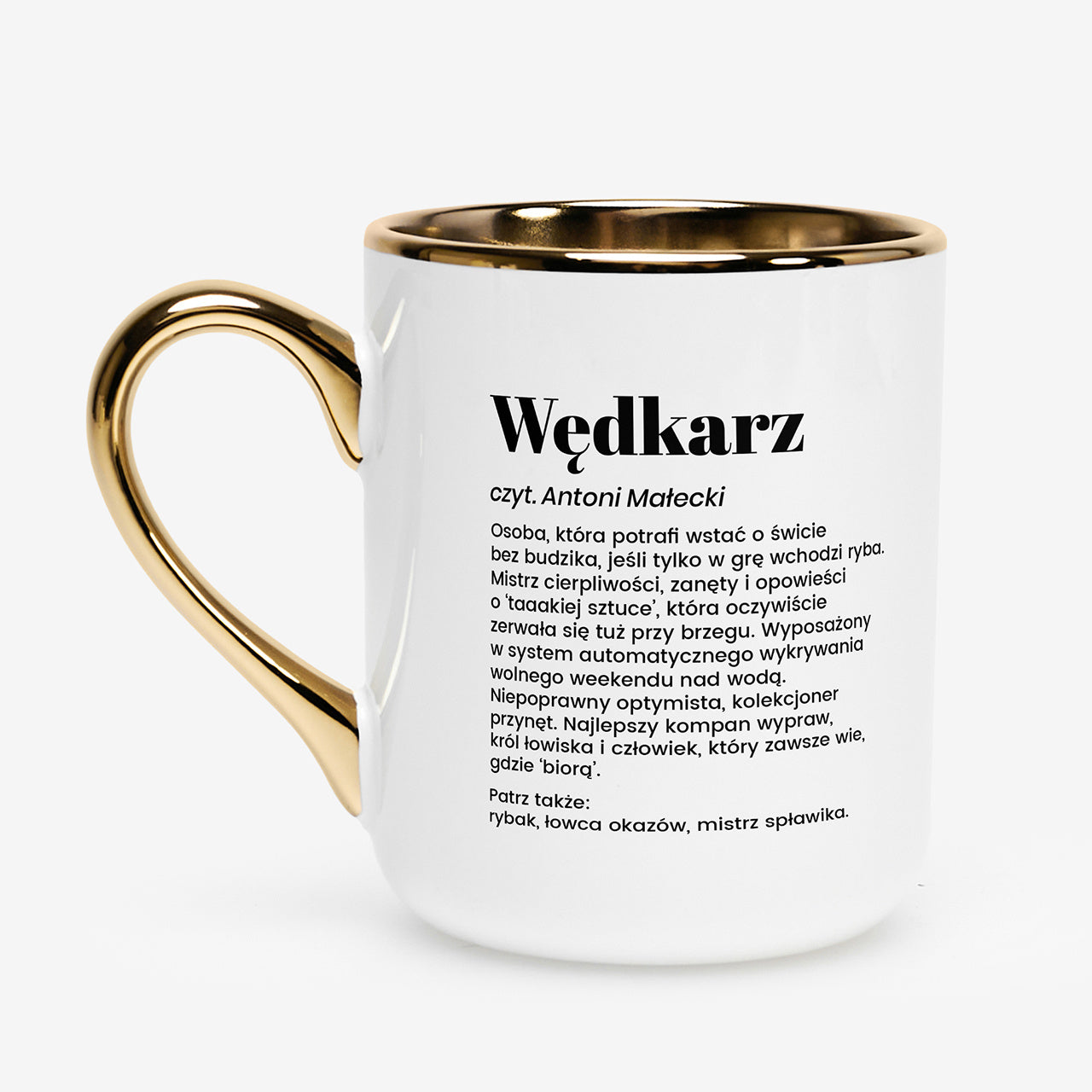 Kubek ze złotym uchem i rantem - prezent dla wędkarza