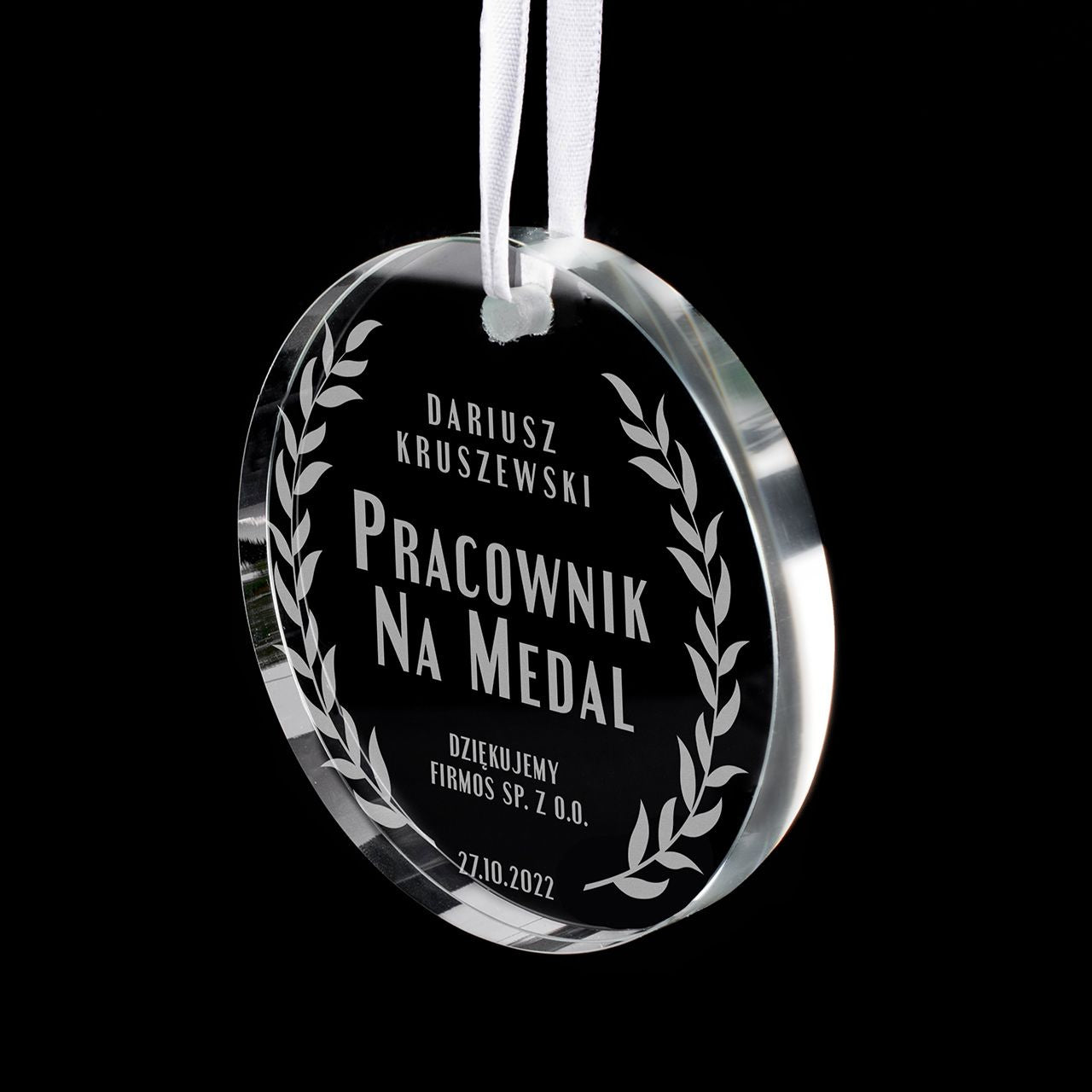 Grawerowana szklana zawieszka - Medal Dla Pracownika