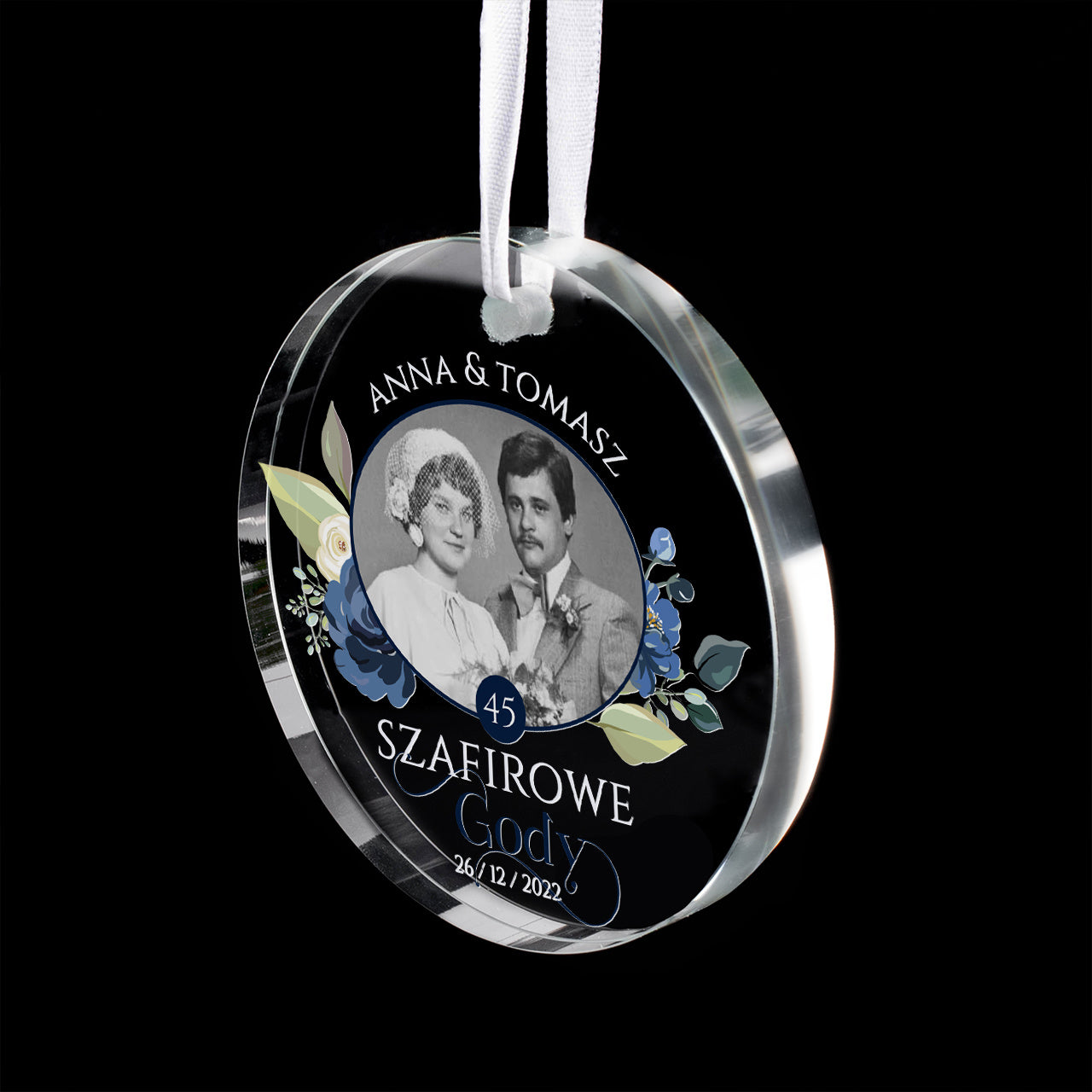 Personalizowana zawieszka ze szkła - upominek na szafirowe gody