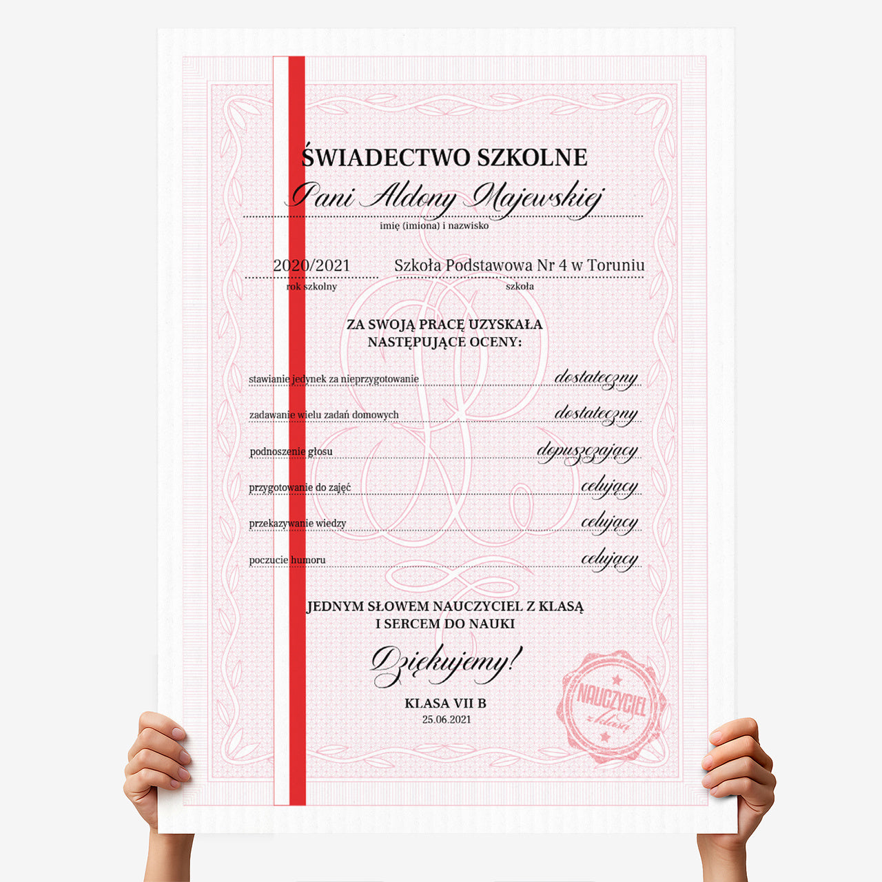 Kartka A4 na koniec roku dla nauczyciela personalizowana pamiątka od klasy
