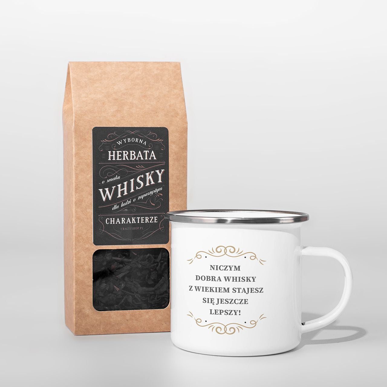 Herbata o aromacie whisky i emaliowany kubek - prezent na 40 dla niego
