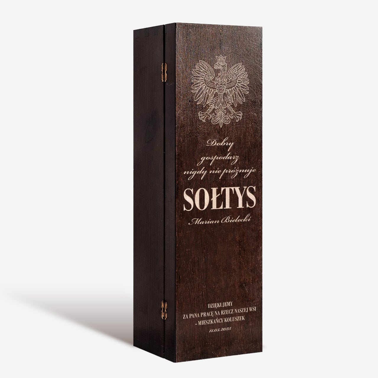 Personalizowana skrzynka na alkohol - podziękowanie dla sołtysa elegancki prezent dla sołtysa drewniana skrzynka
